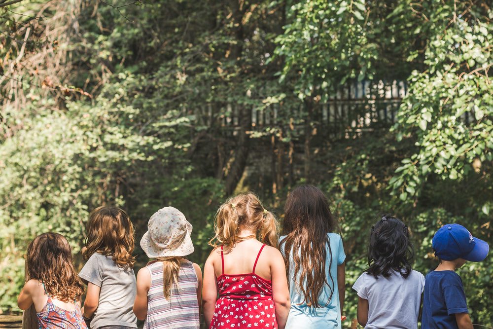 Kinder stehen gemeinsam im Wald und schauen in die Natur, symbolisch für Zukunft und Nachhaltigkeit
