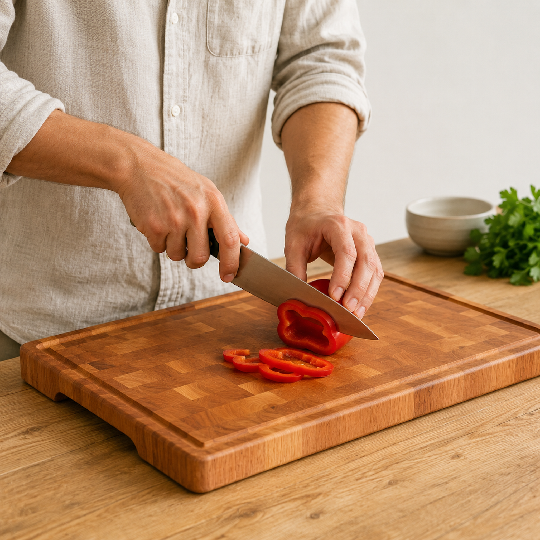 Person schneidet rote Paprika auf einem Stirnholz-Schneidebrett aus Kirschbaum