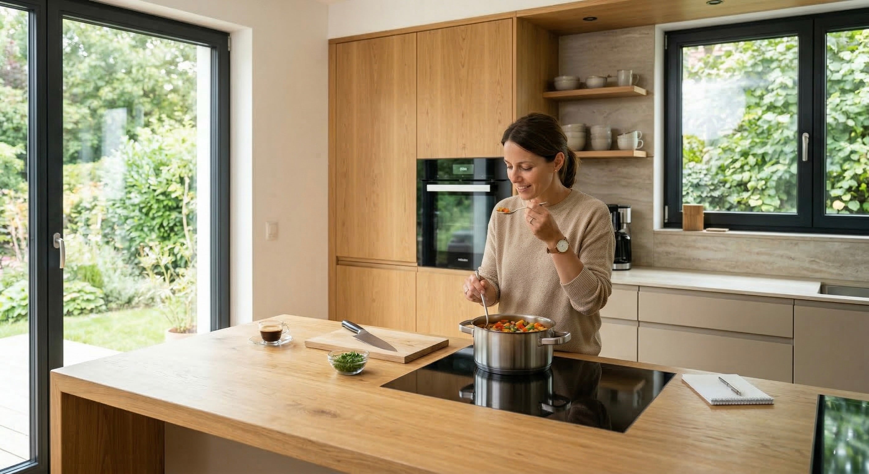 Person kocht in moderner Küche aus Holz mit Kochinsel und viel Tageslicht