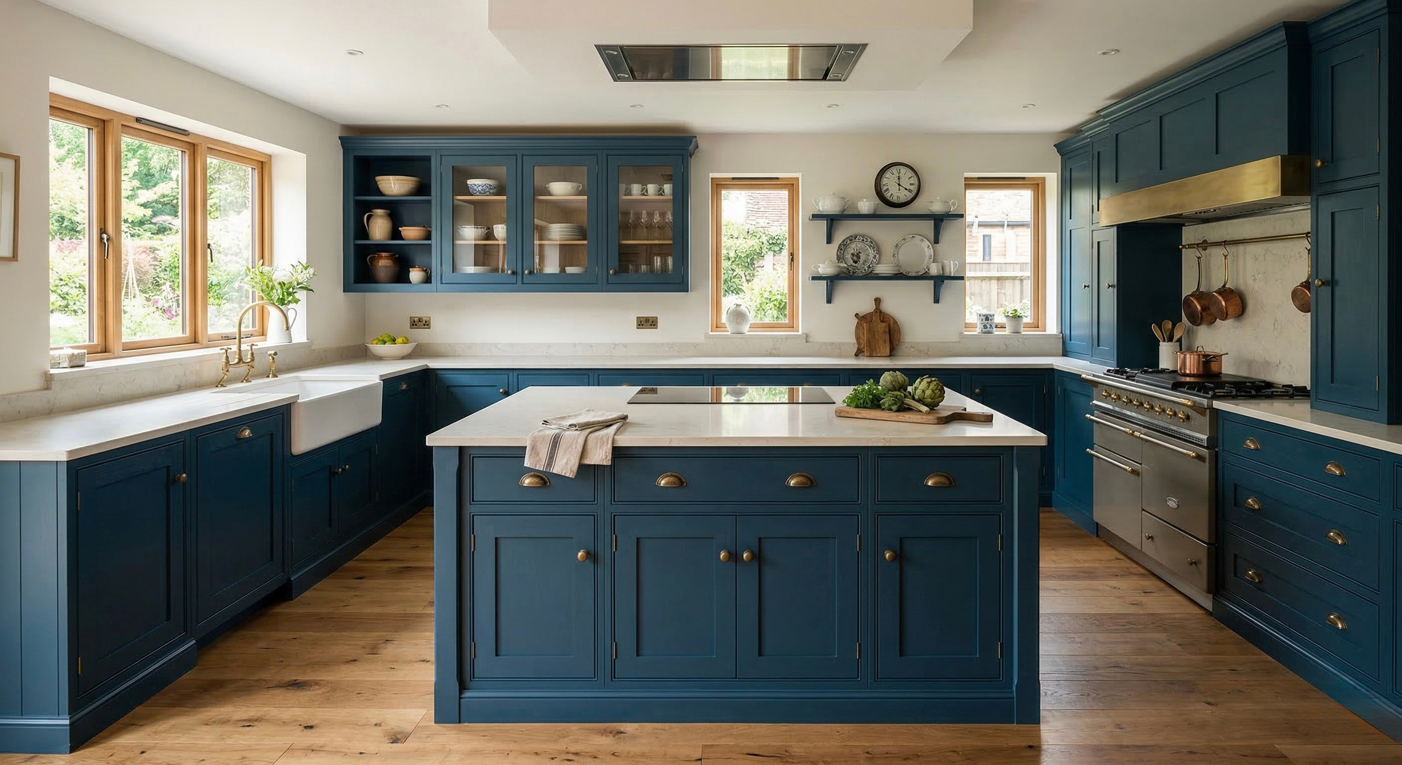 Landhausküche in Blau mit Kochinsel, Holzarbeitsplatte und klassischem Stil