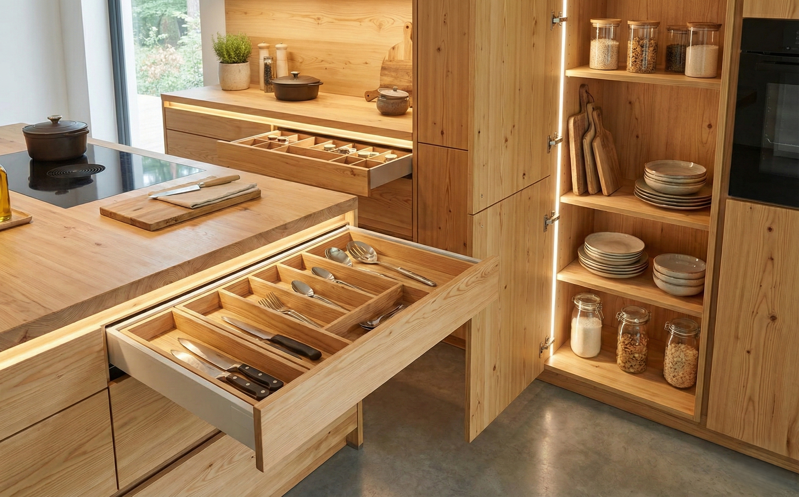 Detail einer Manufakturküche aus Naturholz mit massivem Besteckeinsatz und individuell gefertigten Schubladen