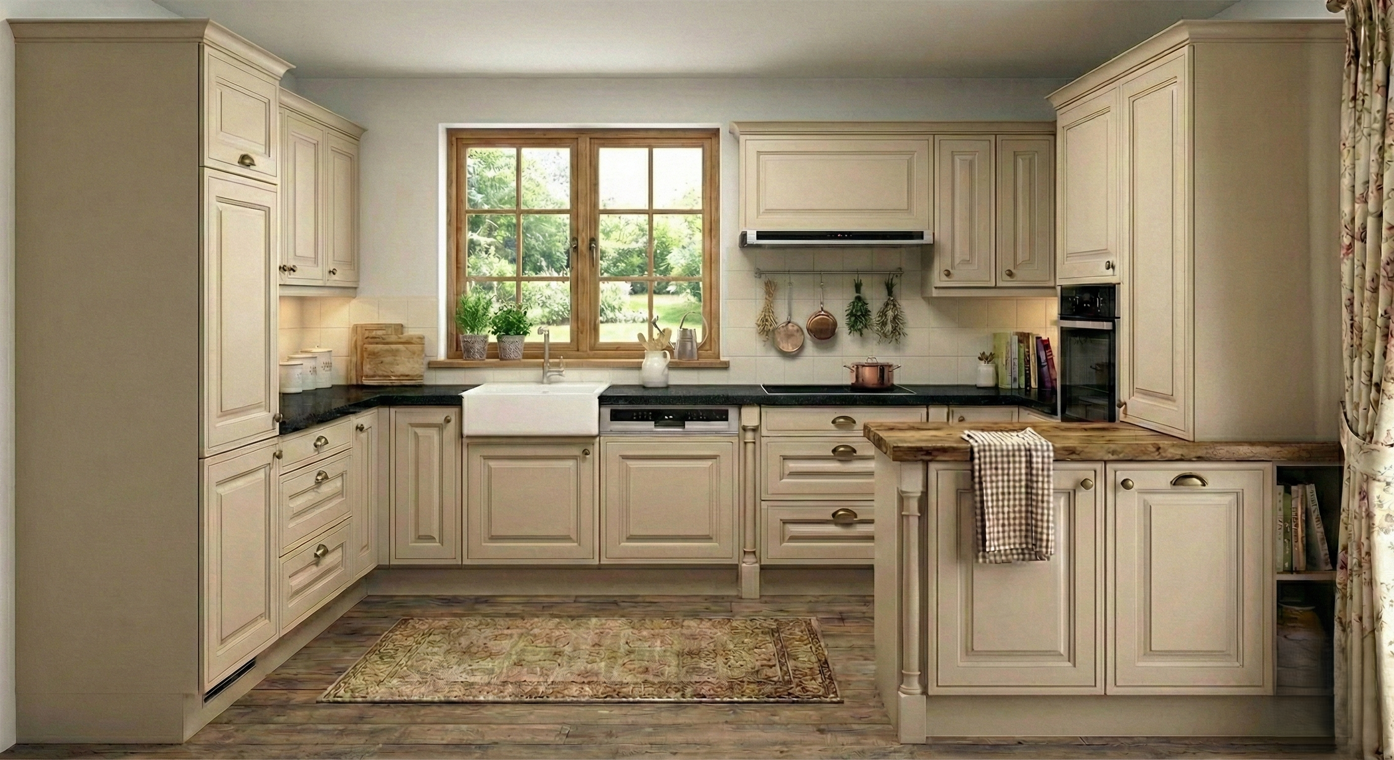 Individuelle Landhausküche in Creme mit Rahmenfronten und Holzarbeitsplatte aus der Manufaktur