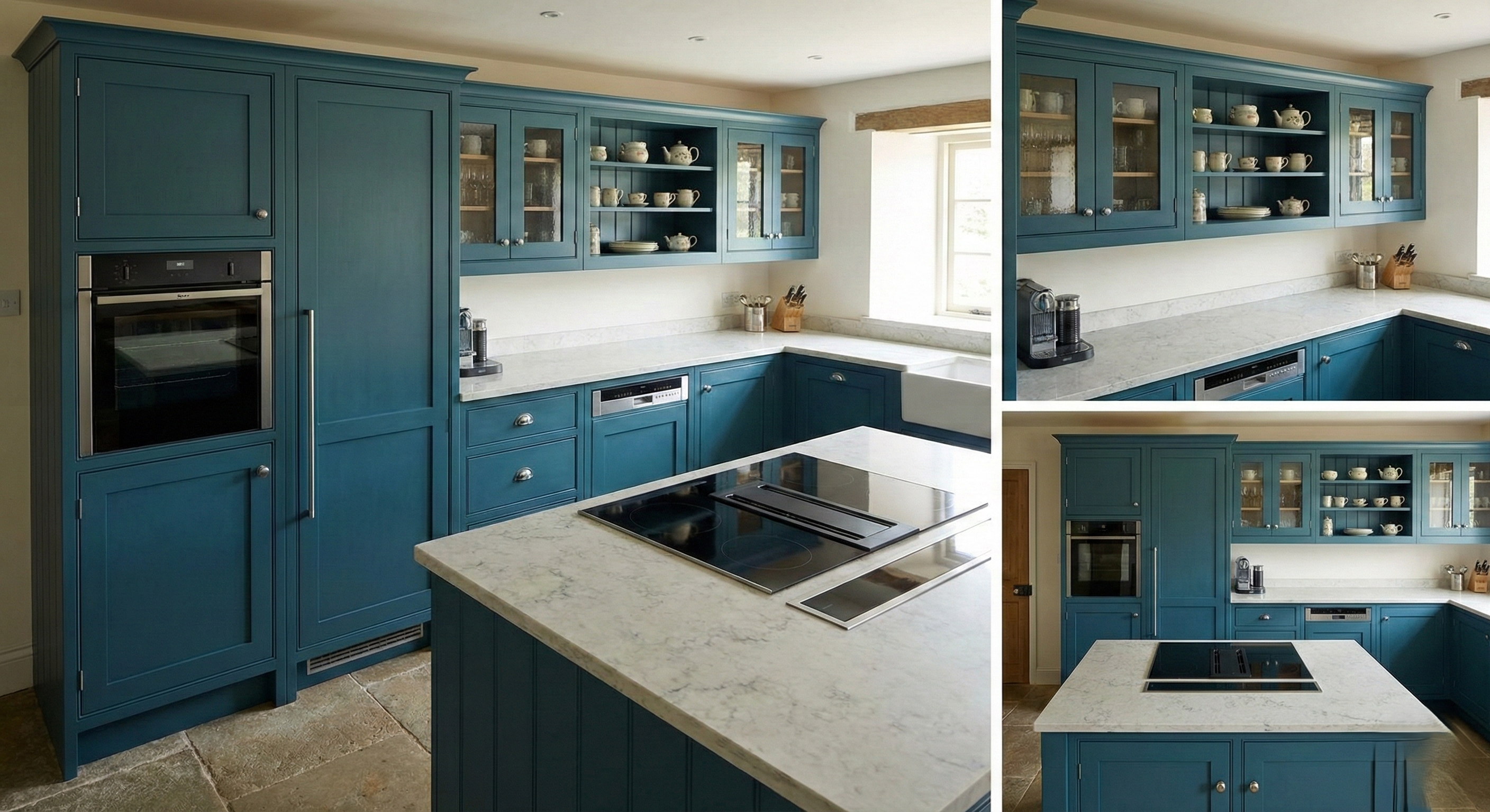 Individuelle Manufaktur-Landhausküche in Petrol mit Kochinsel und Naturstein-Arbeitsplatte