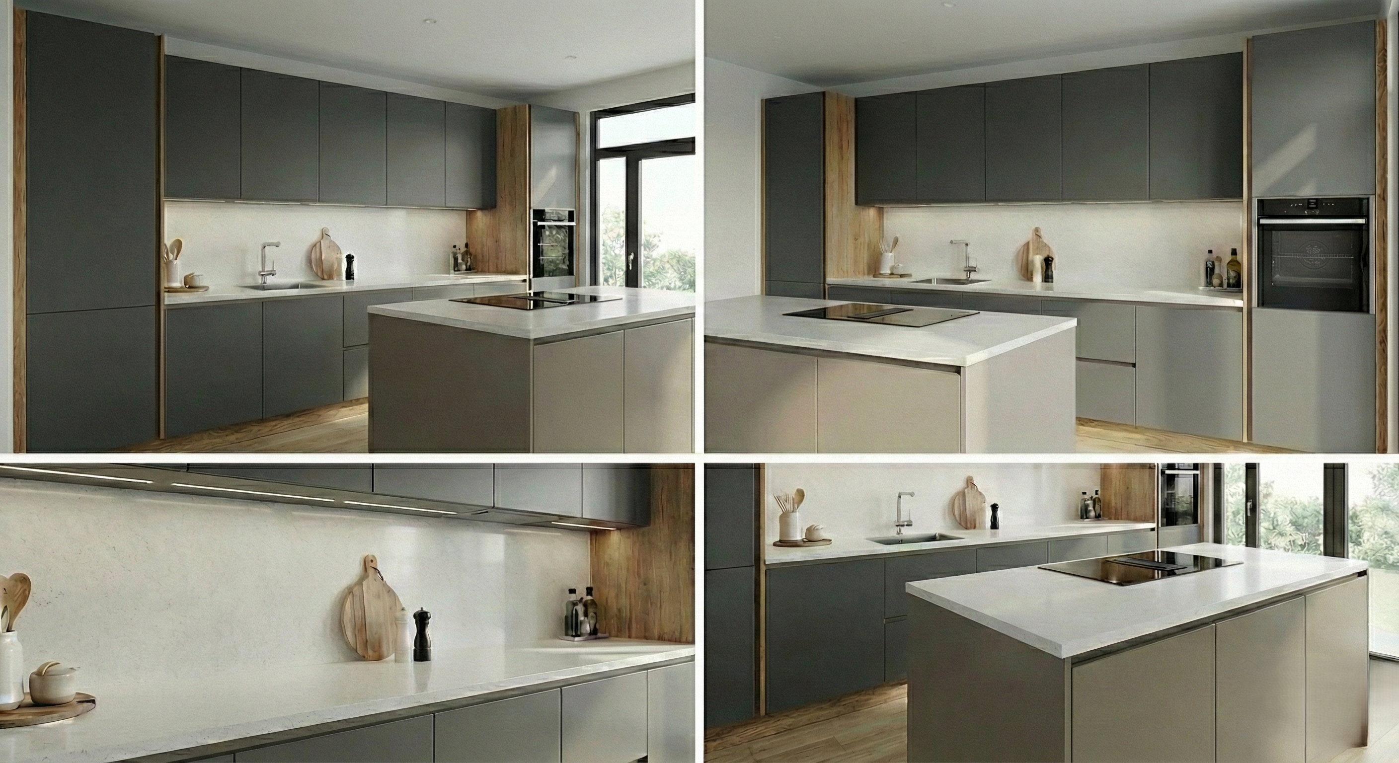 Moderne Massivholz Küche mit grauen Linoleumfronten und Kücheninsel