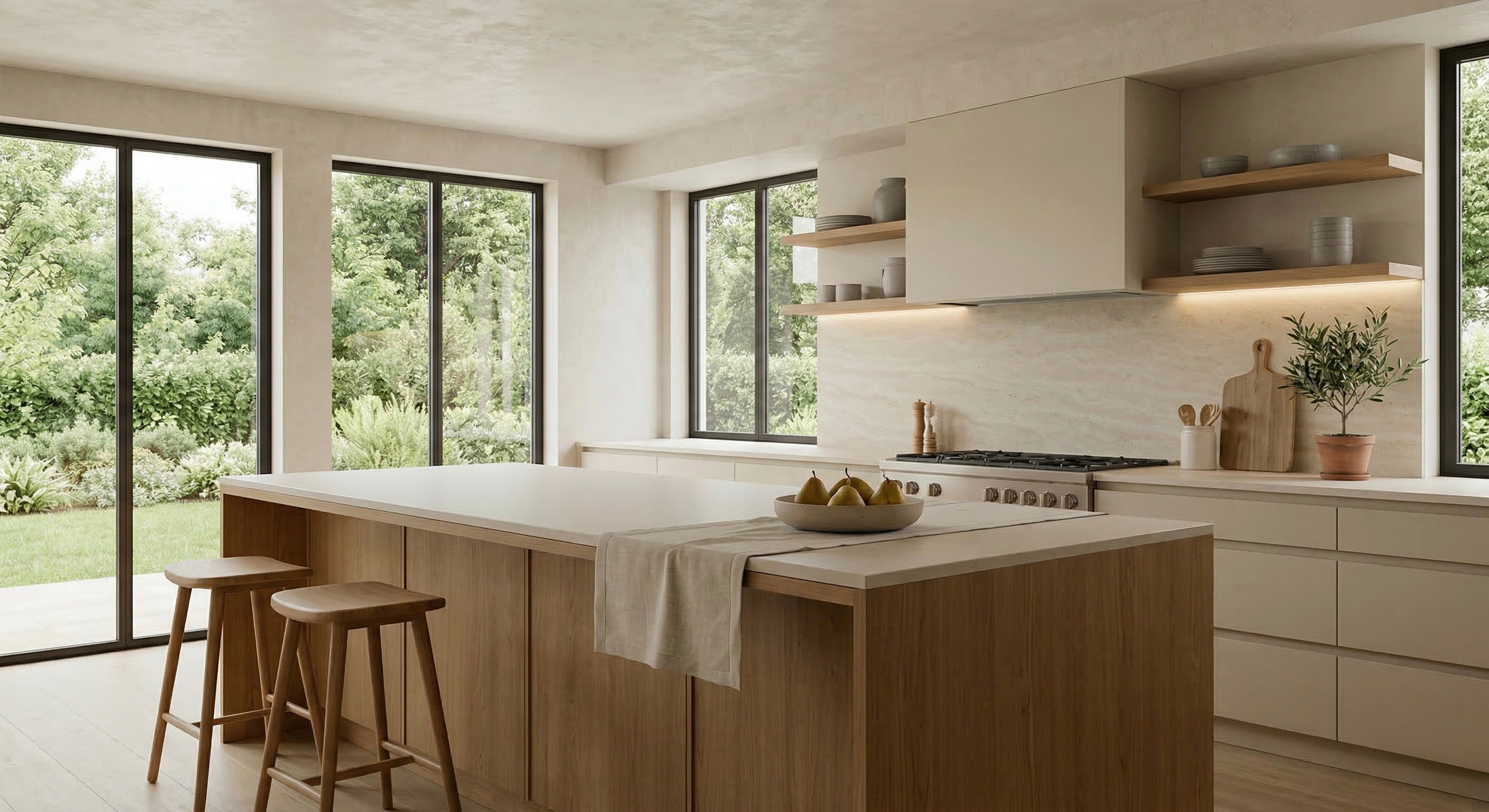 Helle moderne Küche aus Holz mit Kochinsel und großen Fenstern mit Blick ins Grüne