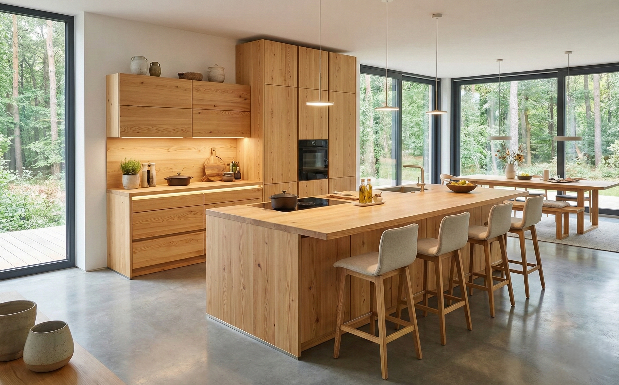 Moderne Manufakturküche aus Naturholz mit Kochinsel und integriertem Essbereich in offener Architektur