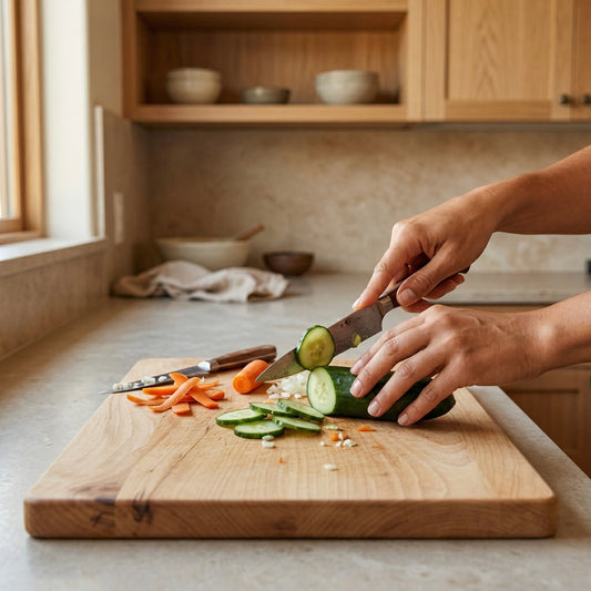 Schneidebrett aus Buche Massivholz beim Schneiden von Gurke und Gemüse in heller Küche