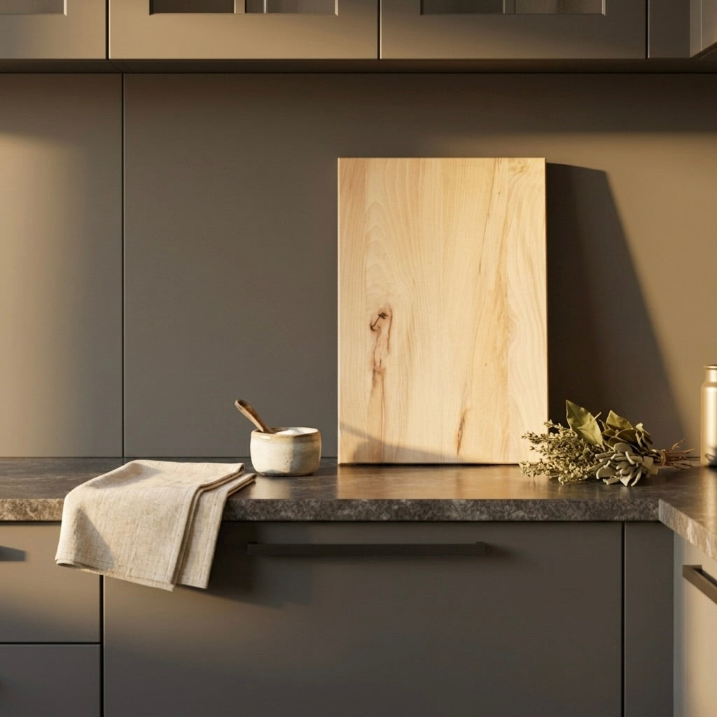 Schneidebrett aus Buche Massivholz in moderner Küche mit warmem Licht auf Arbeitsplatte