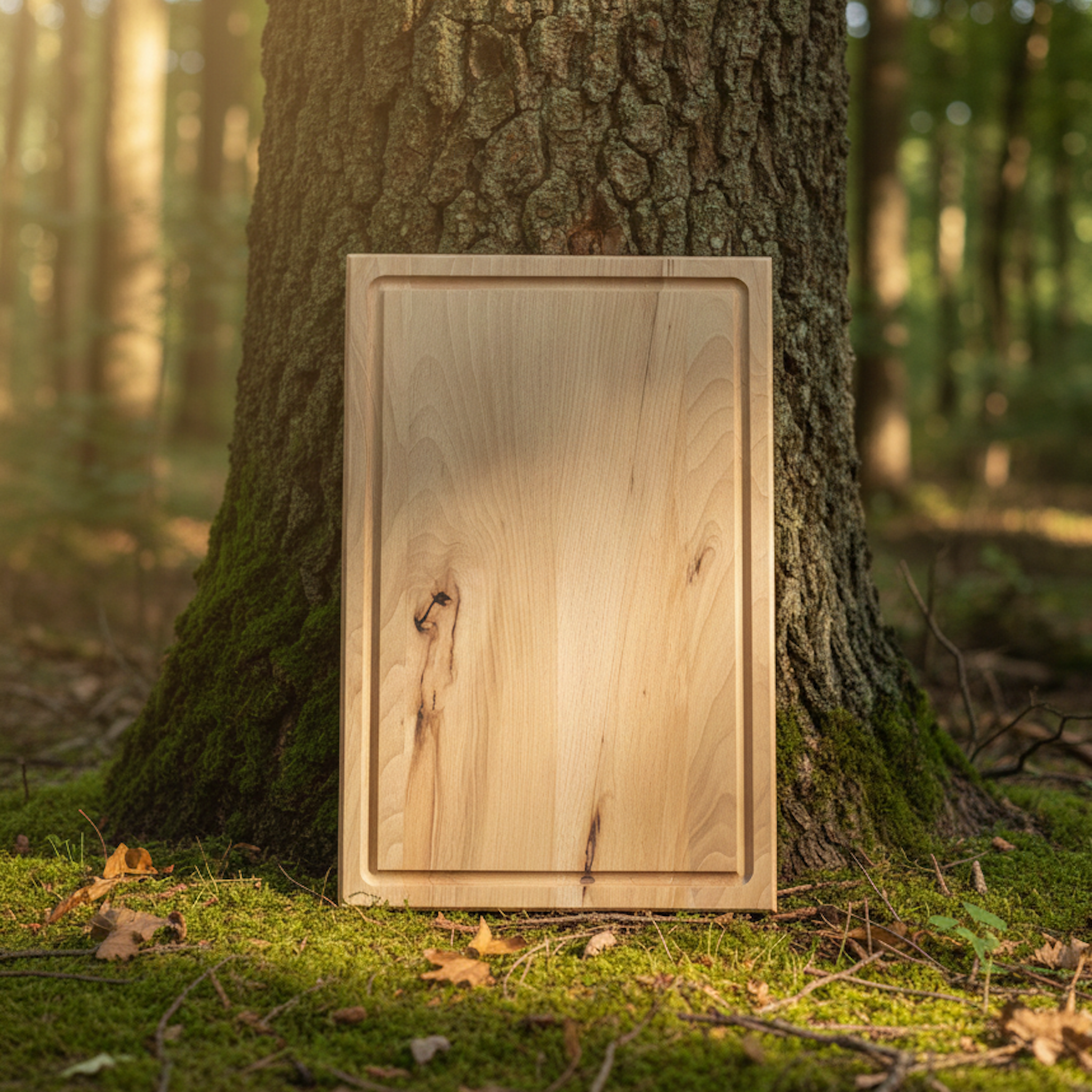 Schneidebrett aus Buche Massivholz mit Saftrille, handgefertigt, natürlich inszeniert im Wald vor Baumstamm – Holz Leidenschaft