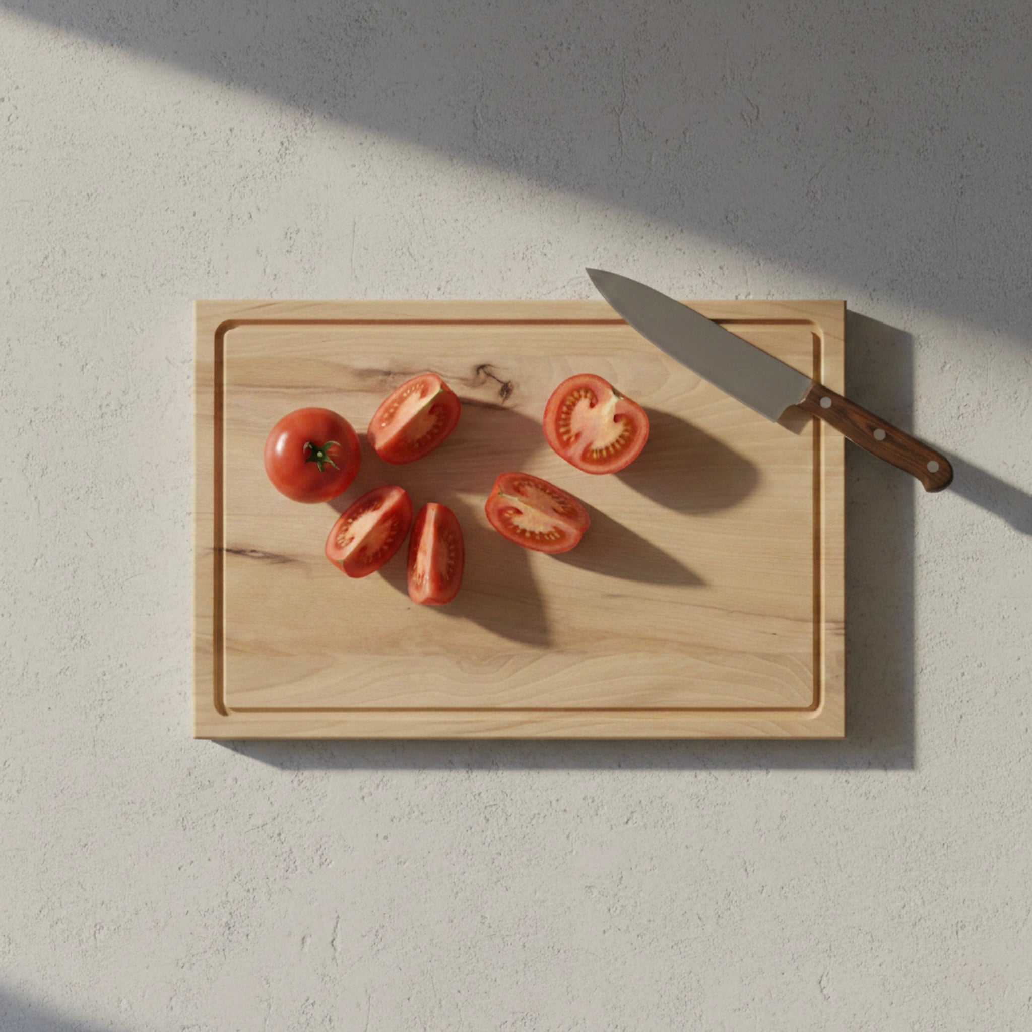 Schneidebrett aus massiver Buche mit Saftrille in Draufsicht, darauf geschnittene Tomaten und Messer