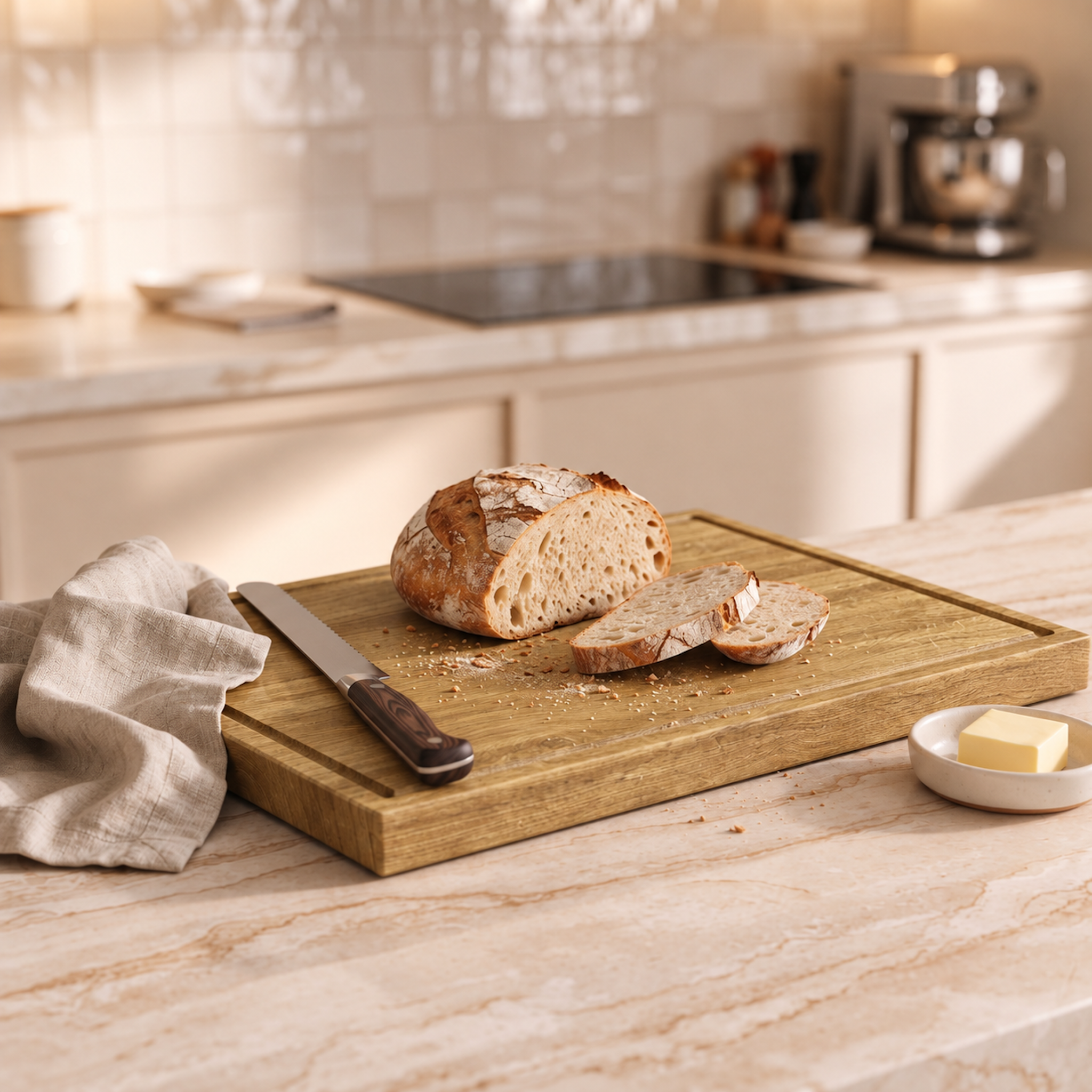 Massives Schneidebrett aus Eiche mit Saftrille, auf dem frisch geschnittenes Brot und ein Brotmesser liegen, in einer hellen Küche.