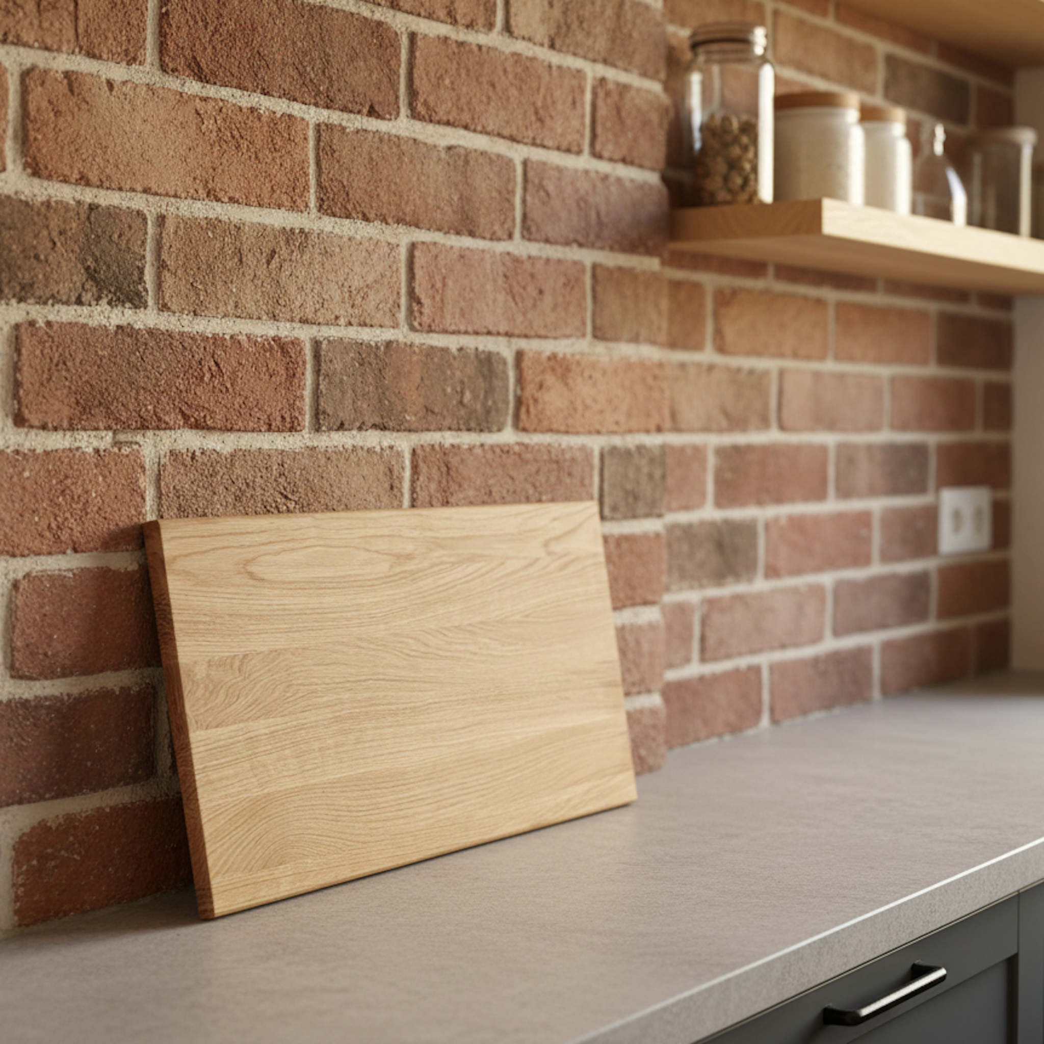 Schneidebrett aus massiver Eiche, angelehnt an Ziegelwand auf heller Küchenarbeitsfläche