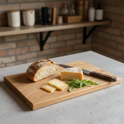 Schneidebrett aus massiver Eiche mit Brot, Käse und Messer auf heller Küchenarbeitsfläche