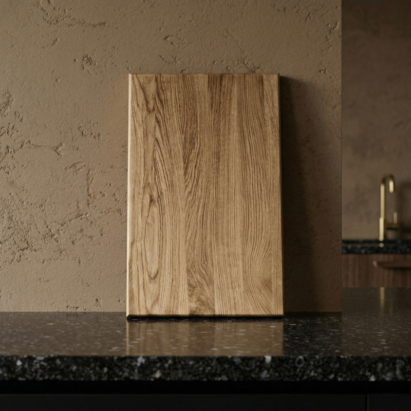 Schneidebrett aus Eiche Massivholz frontal auf dunkler Arbeitsplatte vor strukturierter Wand