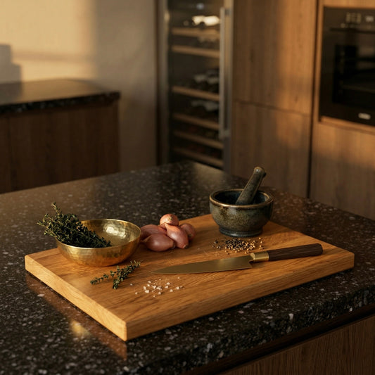Schneidebrett aus Eiche Massivholz mit Gewürzen und Messer auf dunkler Küchenarbeitsplatte