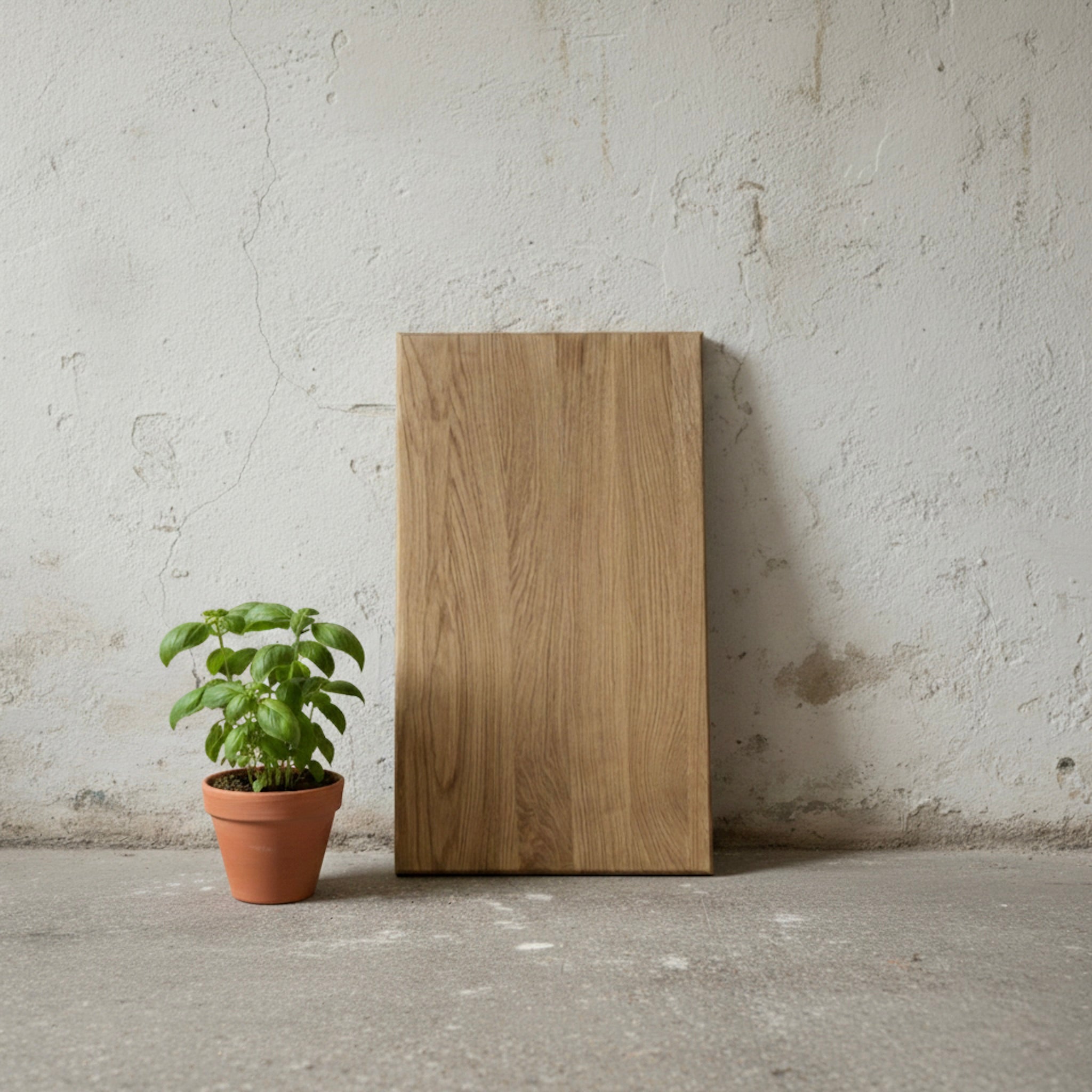 Schneidebrett aus massiver Eiche, freistehend vor heller Wand neben kleiner Pflanze
