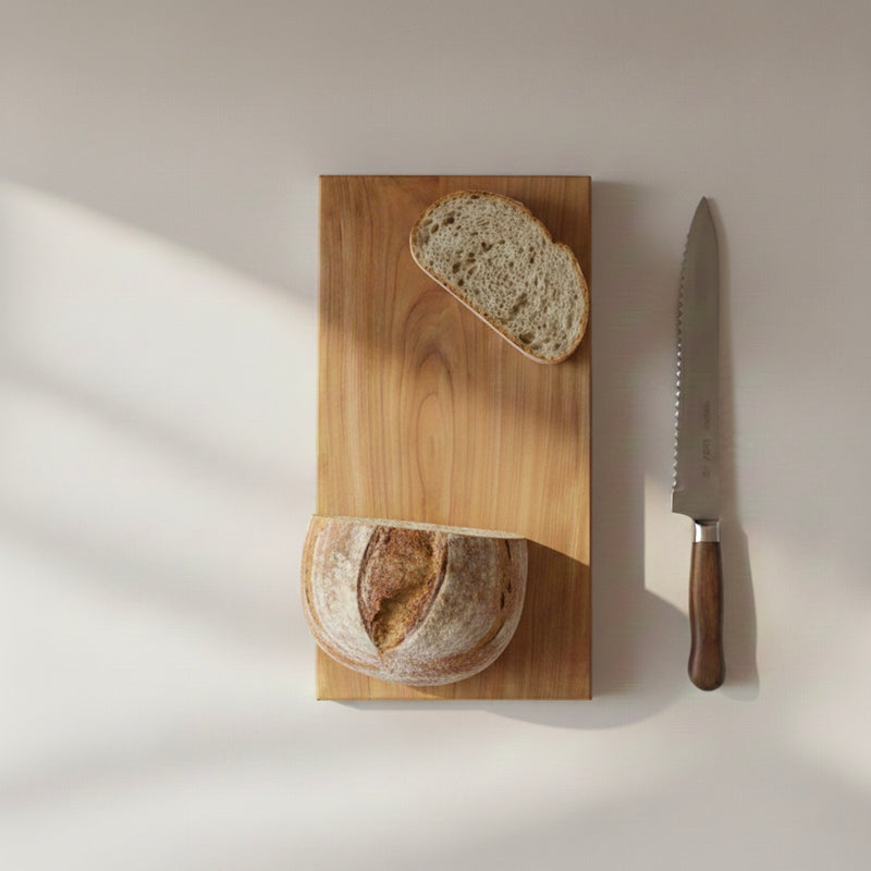 Schneidebrett aus massivem Kirschbaum in Draufsicht mit Brot und Brotmesser