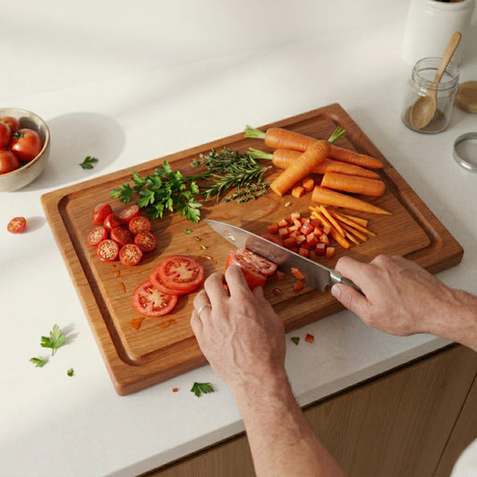 Schneidebrett aus Kirschbaum Massivholz beim Schneiden von Tomaten und Gemüse in heller Küche