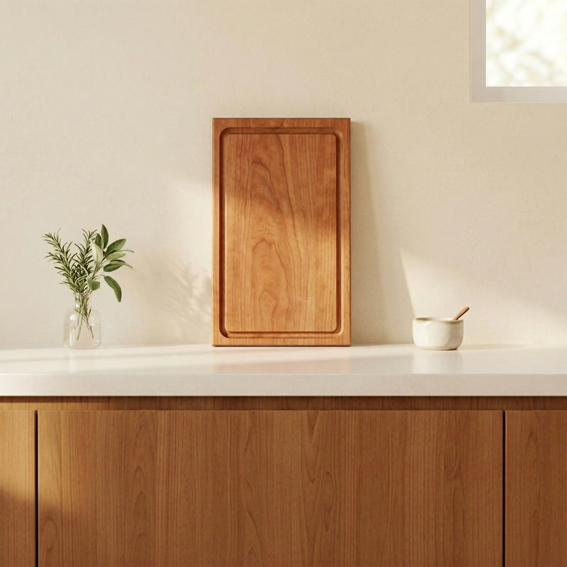 Schneidebrett aus Kirschbaum Massivholz angelehnt an helle Küchenwand mit warmer Holzoptik