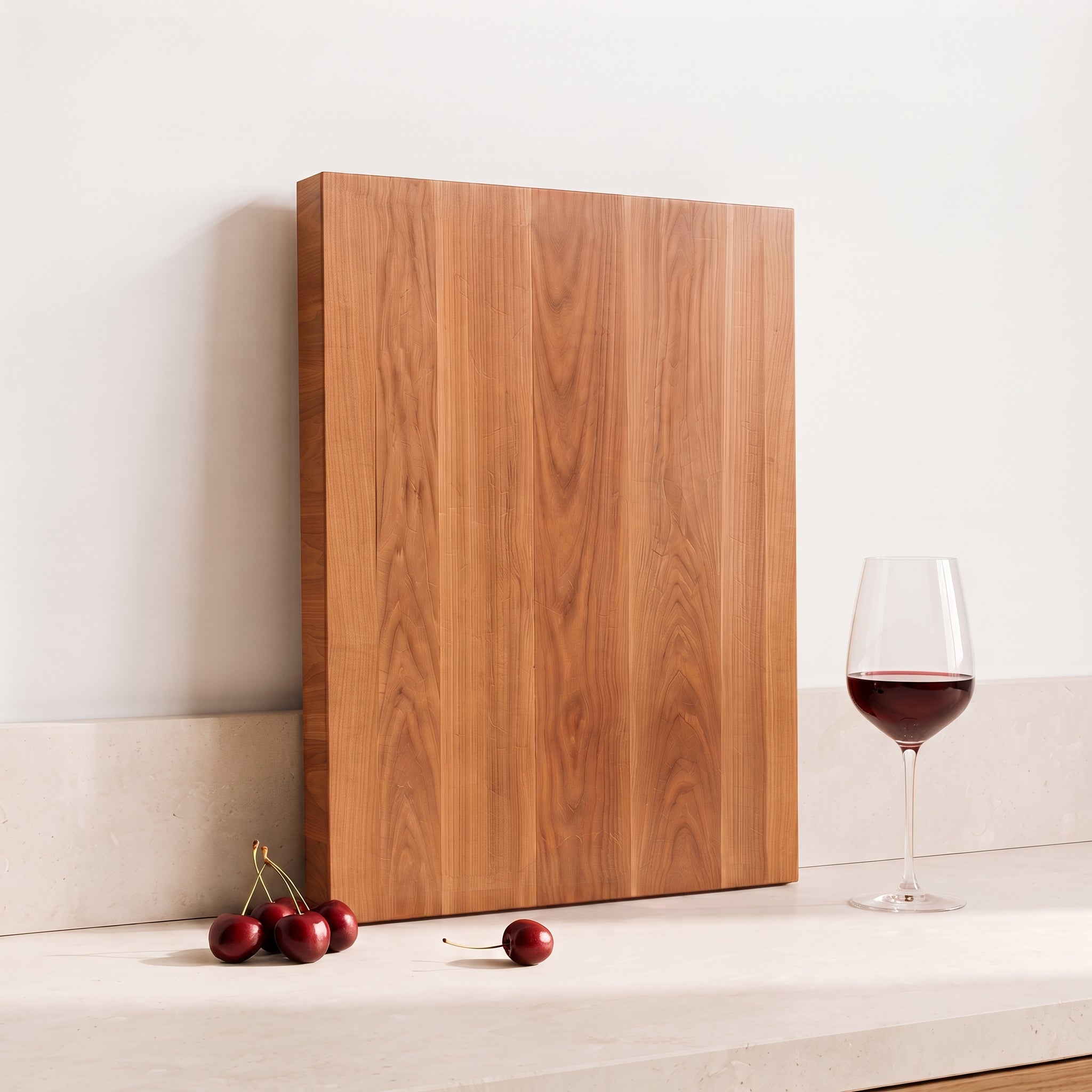 Schneidebrett aus massivem Kirschbaumholz mit warmer rötlicher Maserung, aufrecht an einer hellen Wand neben einem Glas Rotwein und frischen Kirschen.