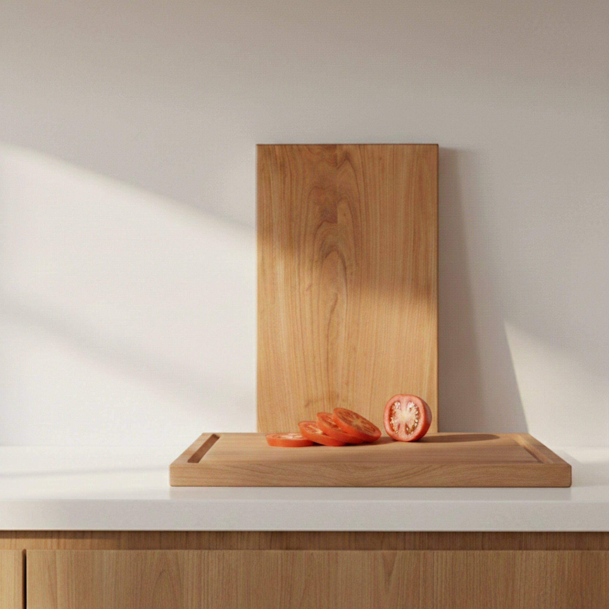 Schneidebrett aus massivem Kirschbaum mit Saftrille, darauf geschnittene Tomaten in heller Küche