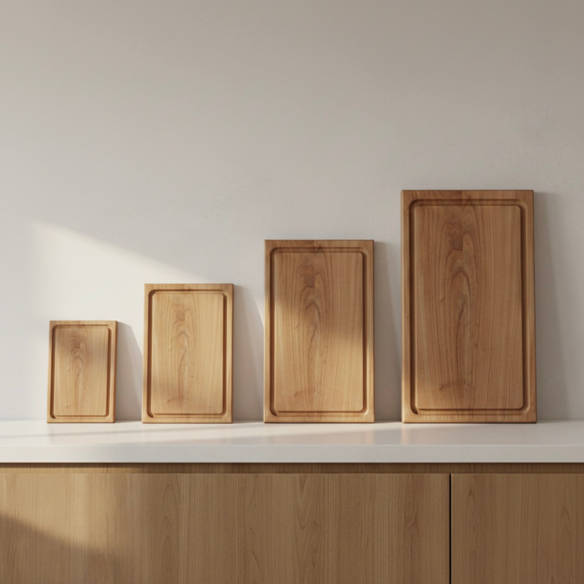 Schneidebretter aus massivem Kirschbaum in verschiedenen Größen im direkten Vergleich