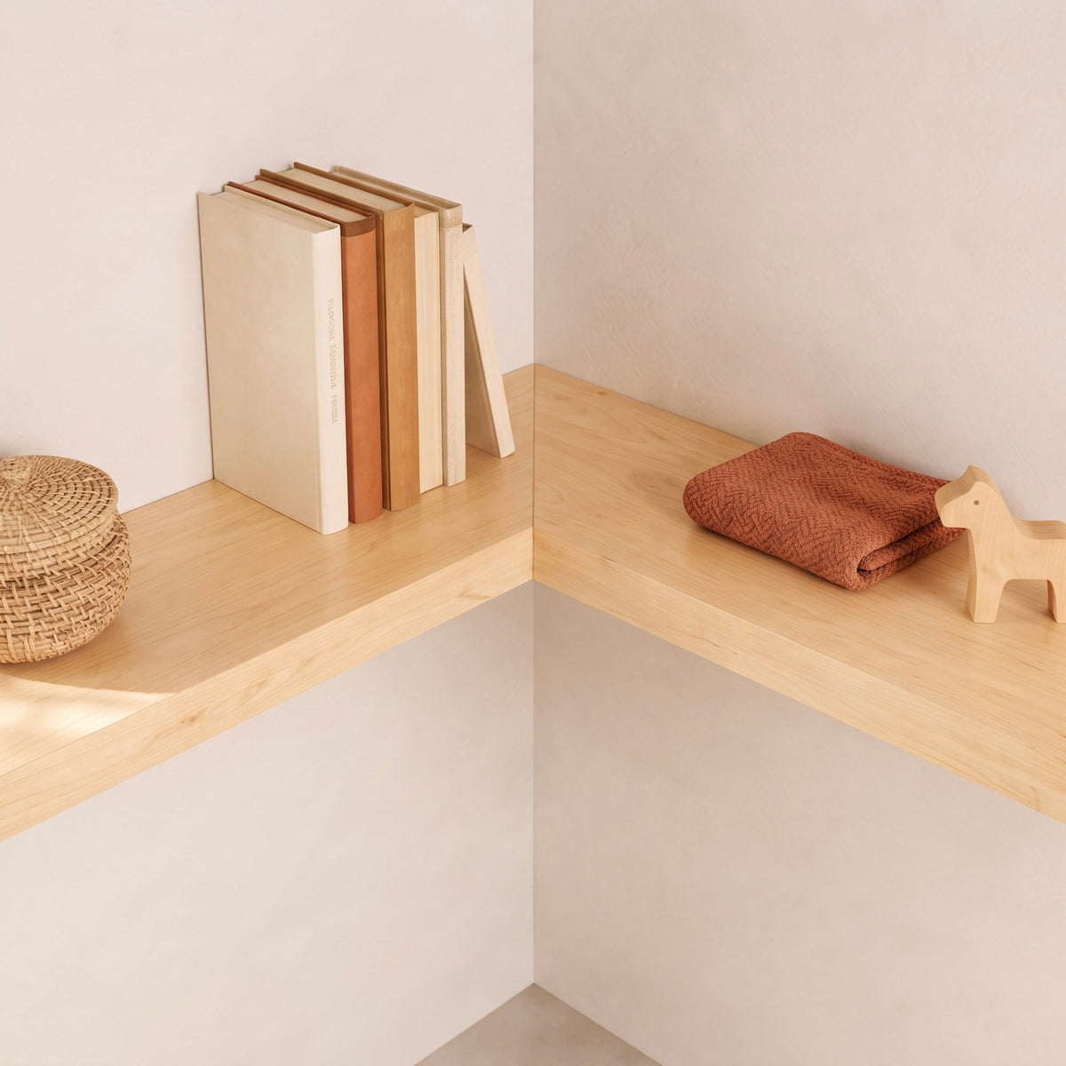Schwebendes Eckregal aus massivem Ahornholz mit Büchern und Wohnaccessoires