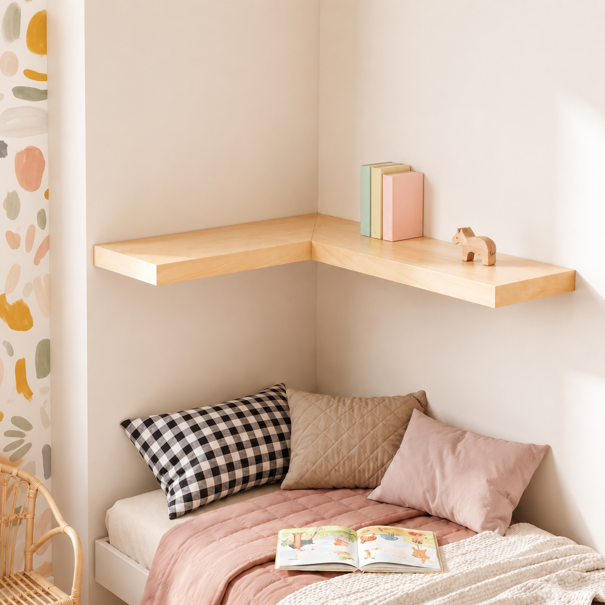 Schwebendes Eco-Eckregal mit Birke-Echtholzfurnier über einer Leseecke im Kinderzimmer