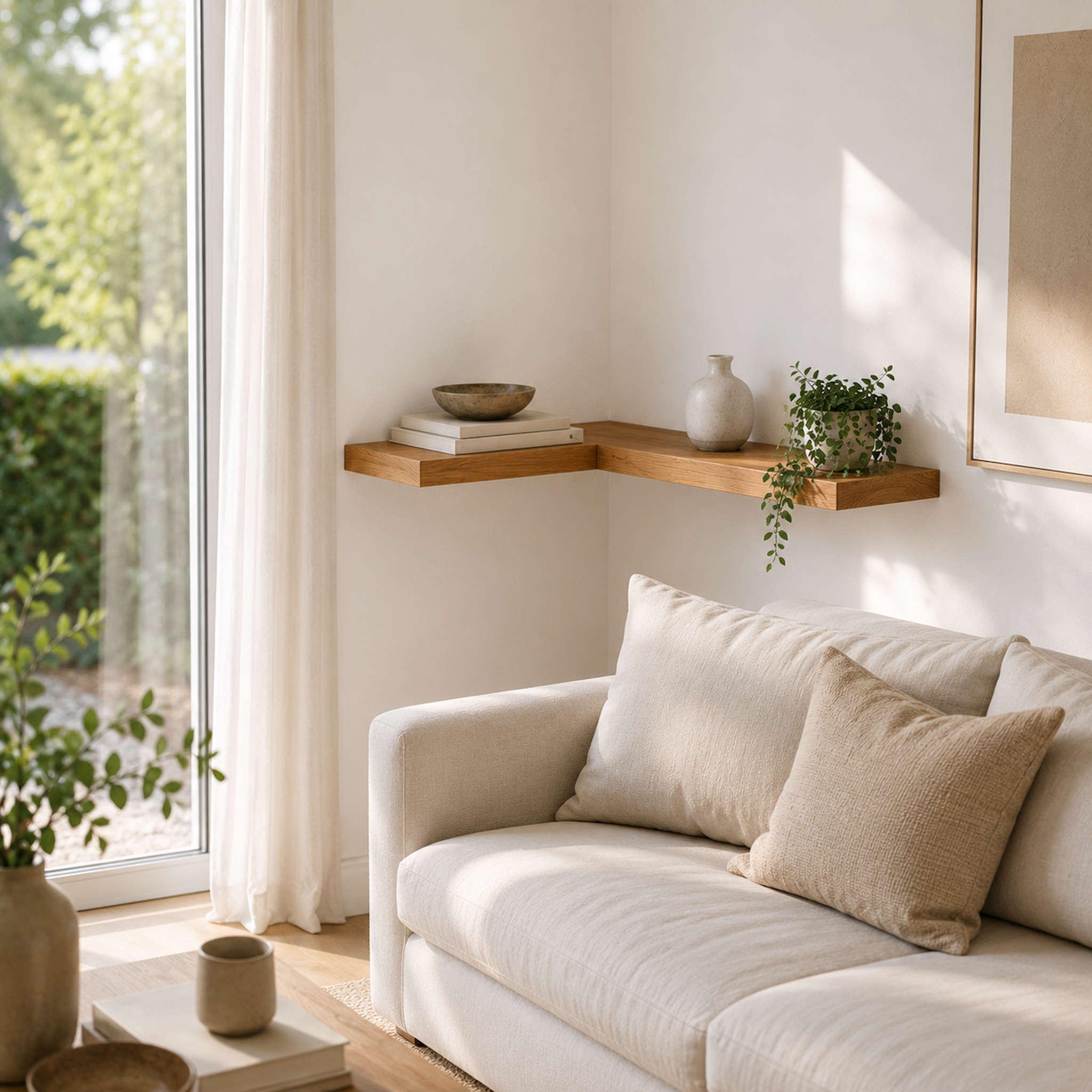 Schwebendes Eco-Eckregal mit Eiche-Echtholzfurnier über einem Sofa