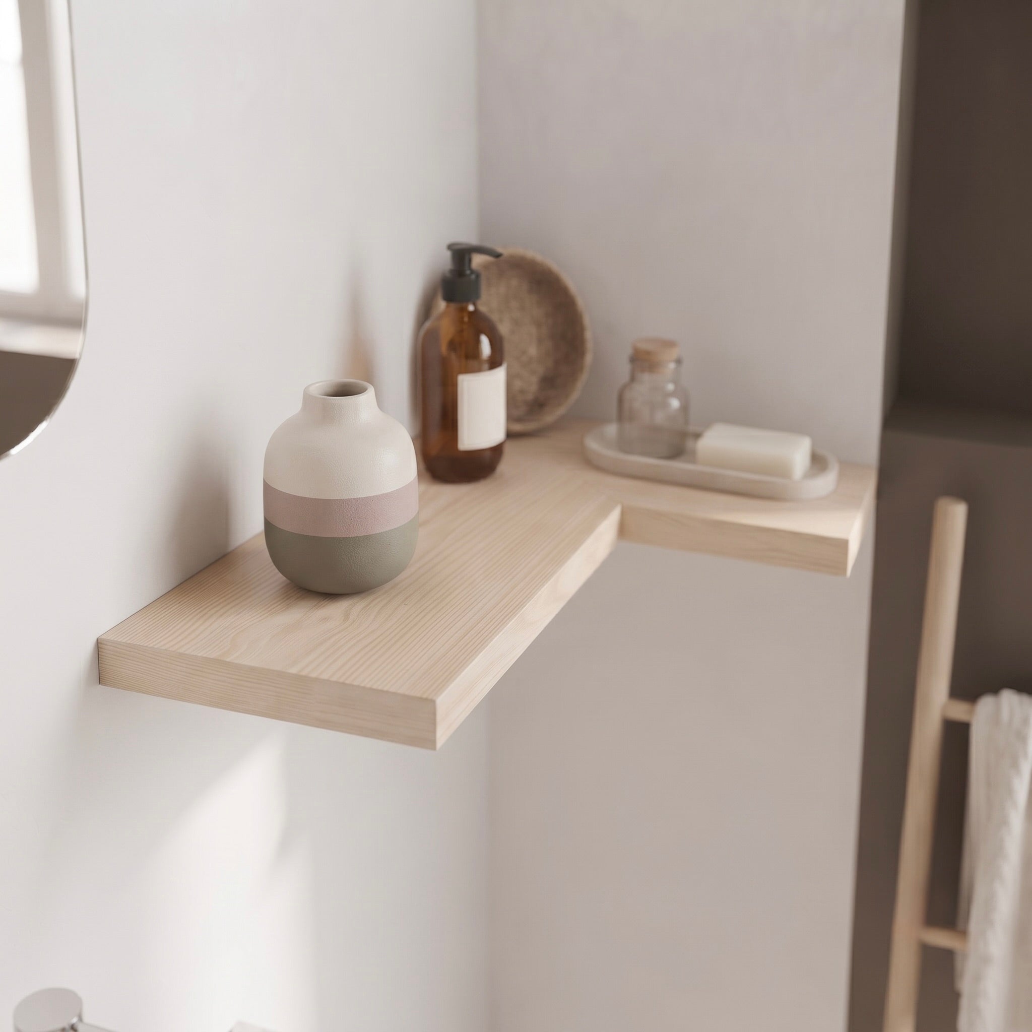 Schwebendes Eco-Eckregal mit Esche-Echtholzfurnier und Badezimmeraccessoires