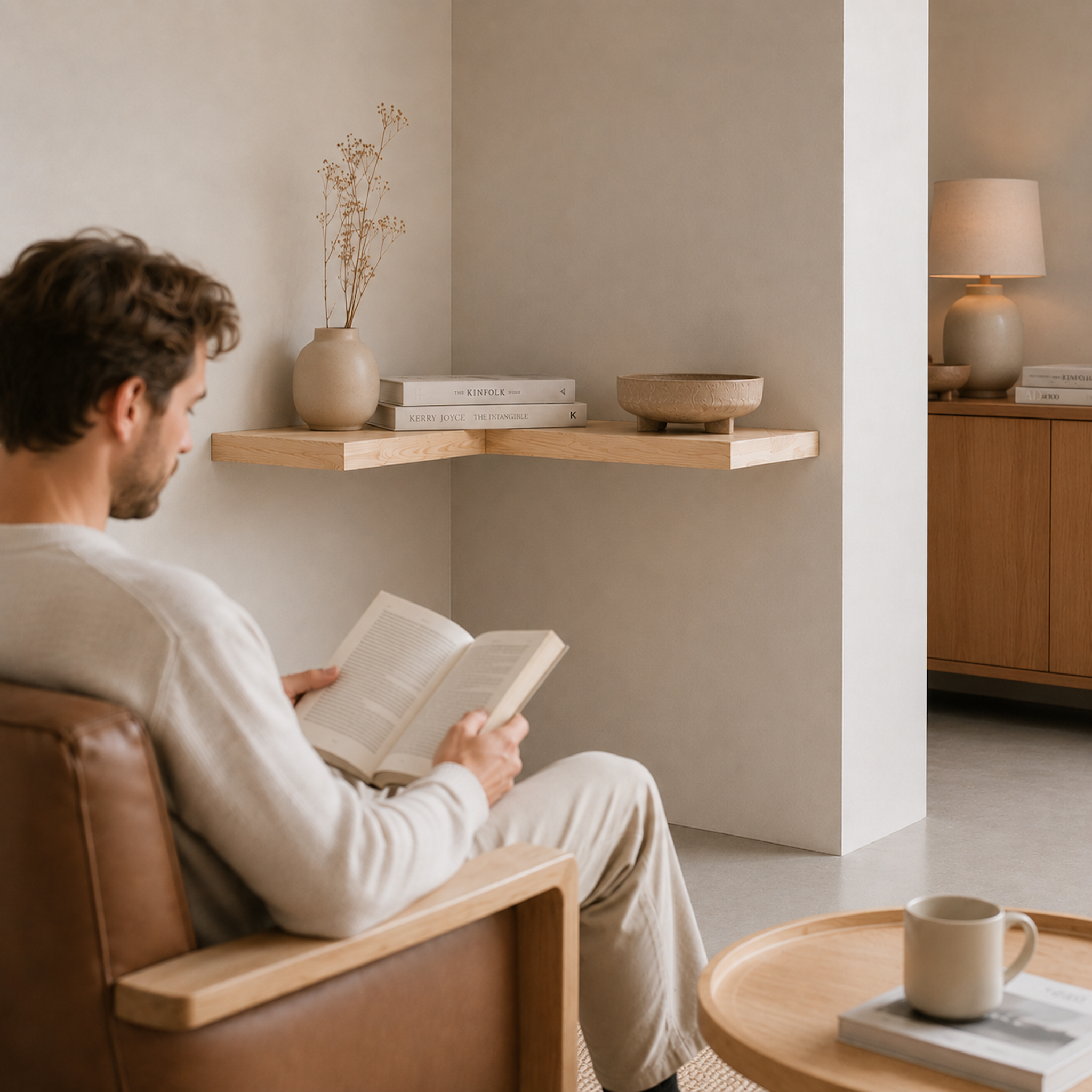 Mann beim Lesen in einer hellen Sitzecke mit schwebendem Eschenregal