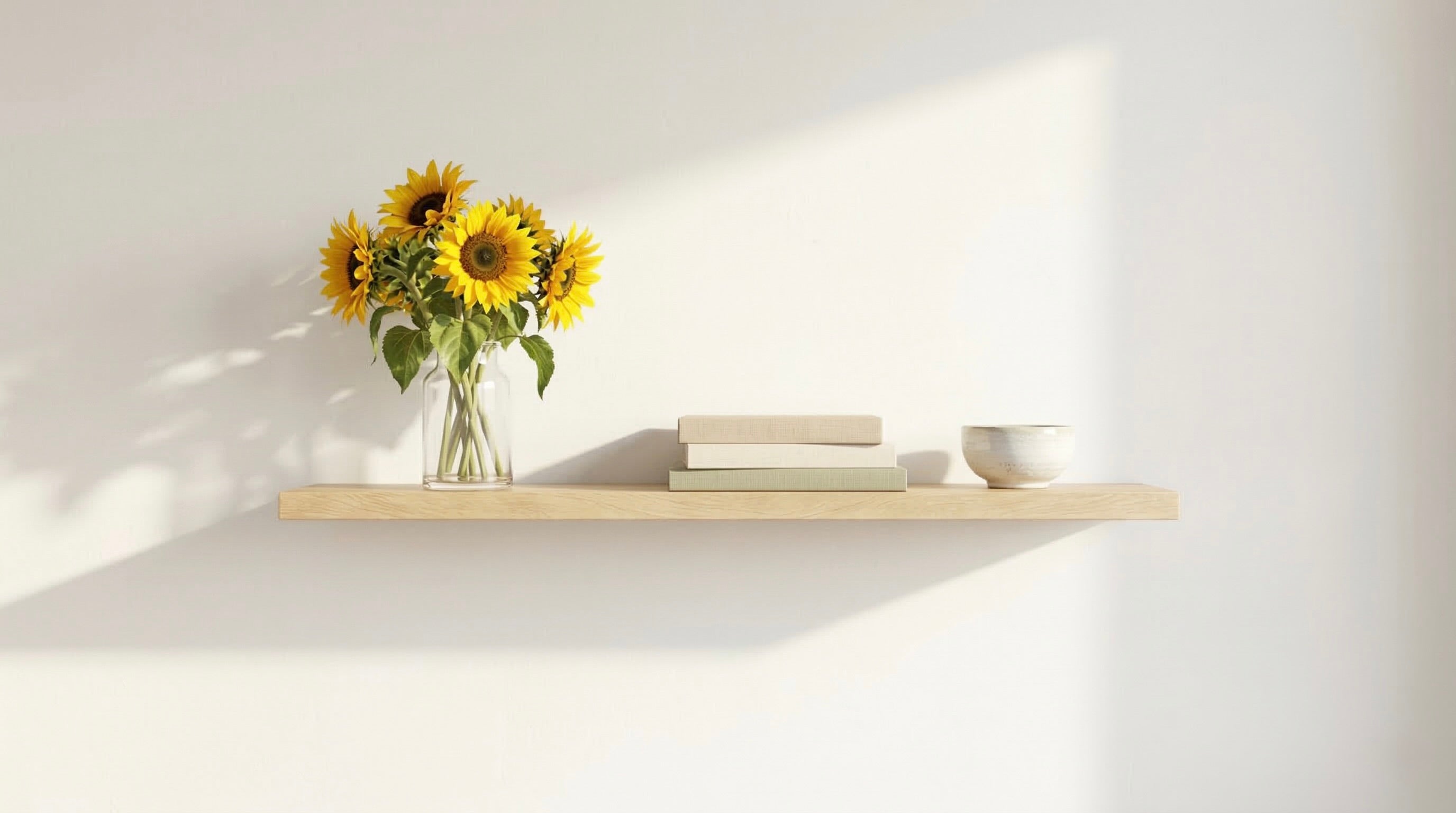 Schwebendes Wandregal aus hellem Holz mit Sonnenblumen, Büchern und Keramikschale an weißer Wand
