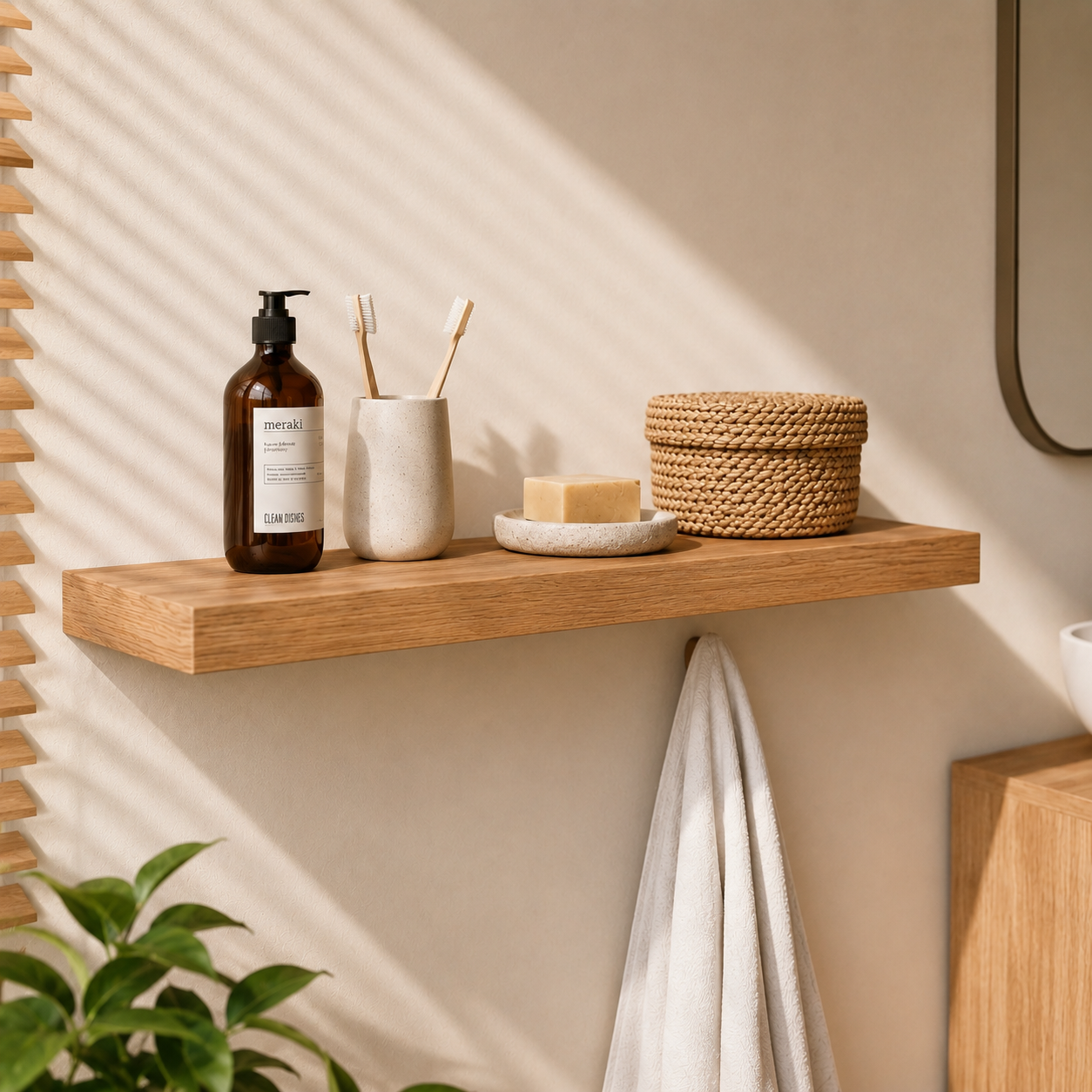 Schwebendes Wandregal ECO aus furnierter Eiche mit verdeckter Wandhalterung. Modernes Holzregal in Eichenoptik zur Wandmontage.