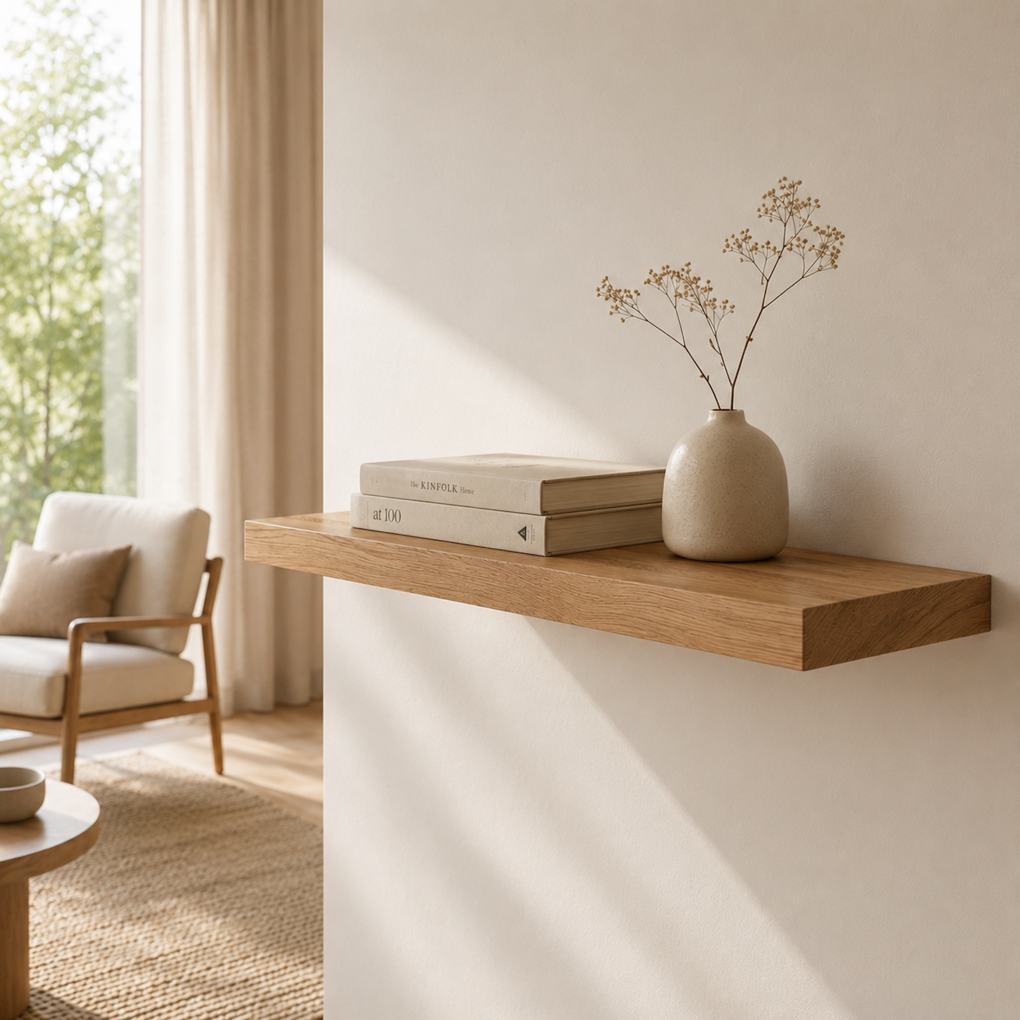Schwebendes Wandregal ECO aus furnierter Eiche mit verdeckter Wandhalterung. Modernes Holzregal in Eichenoptik zur Wandmontage.