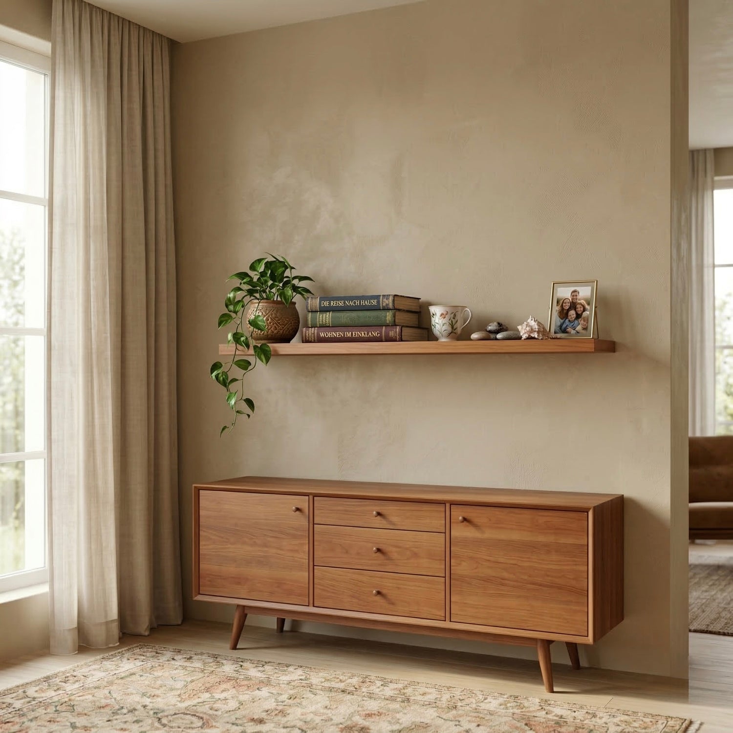 Schwebendes Wandregal aus Nussbaum Massivholz über einem Sideboard im warmen skandinavischen Wohnzimmer