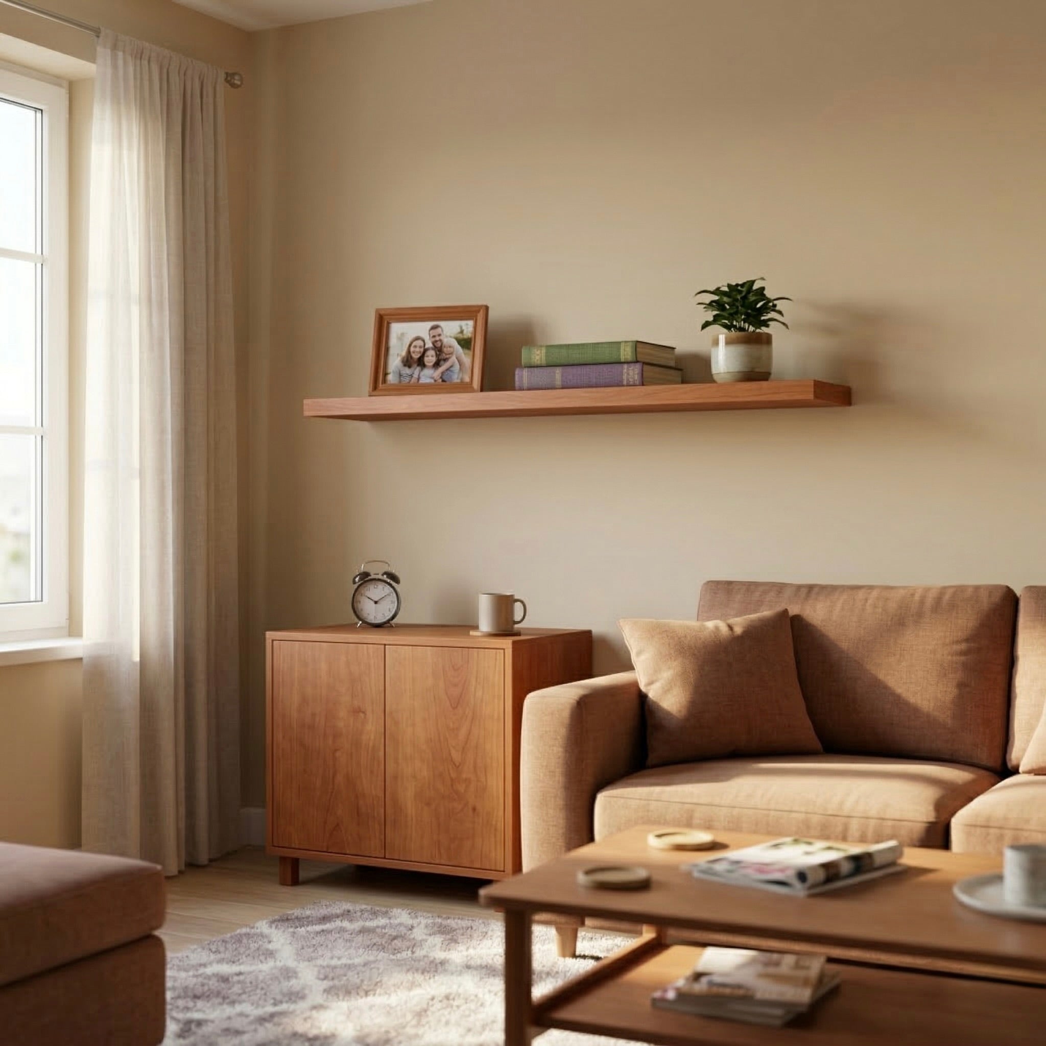 Schwebendes Wandregal aus Nussbaum Massivholz über einem Sofa in einem warmen skandinavischen Wohnzimmer