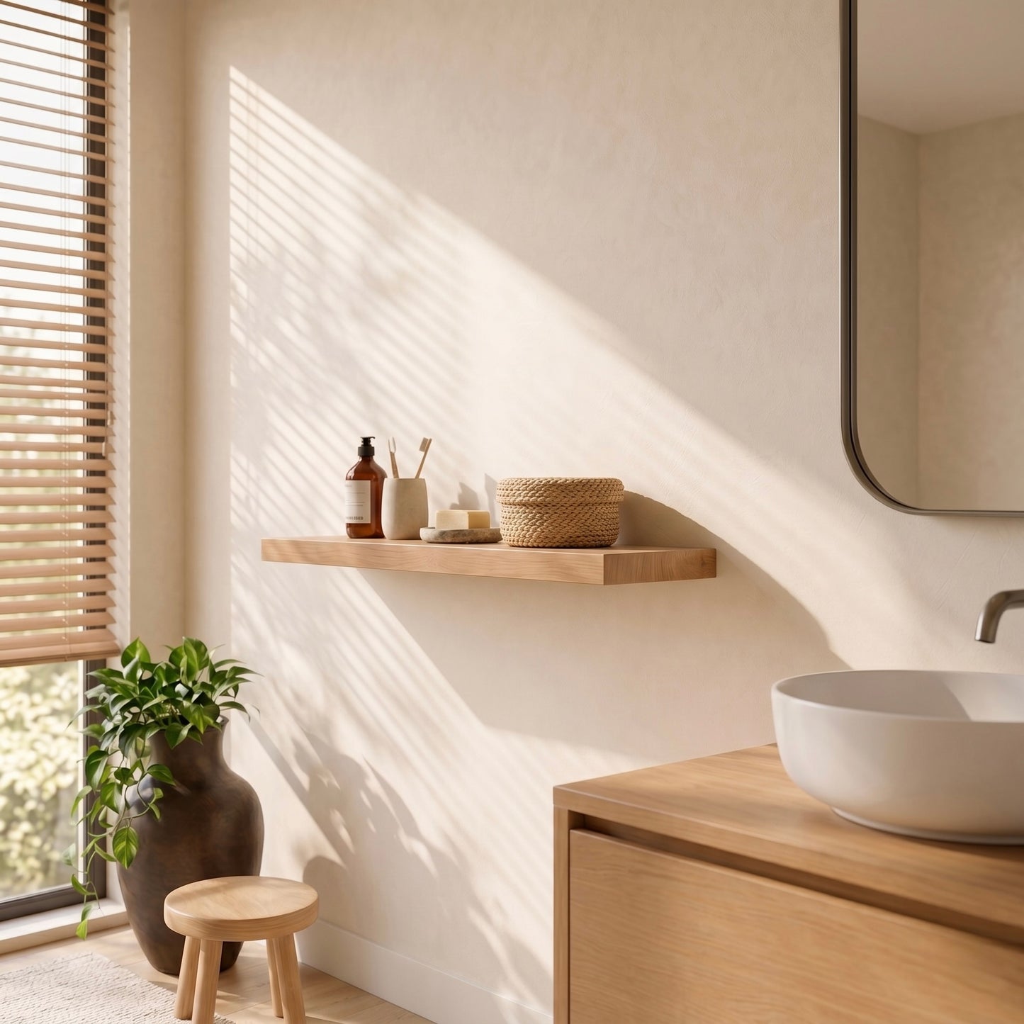 Schwebendes Wandregal ECO aus furnierter Eiche mit unsichtbarer Befestigung. Modernes Wandboard aus Holz für Wohnräume.