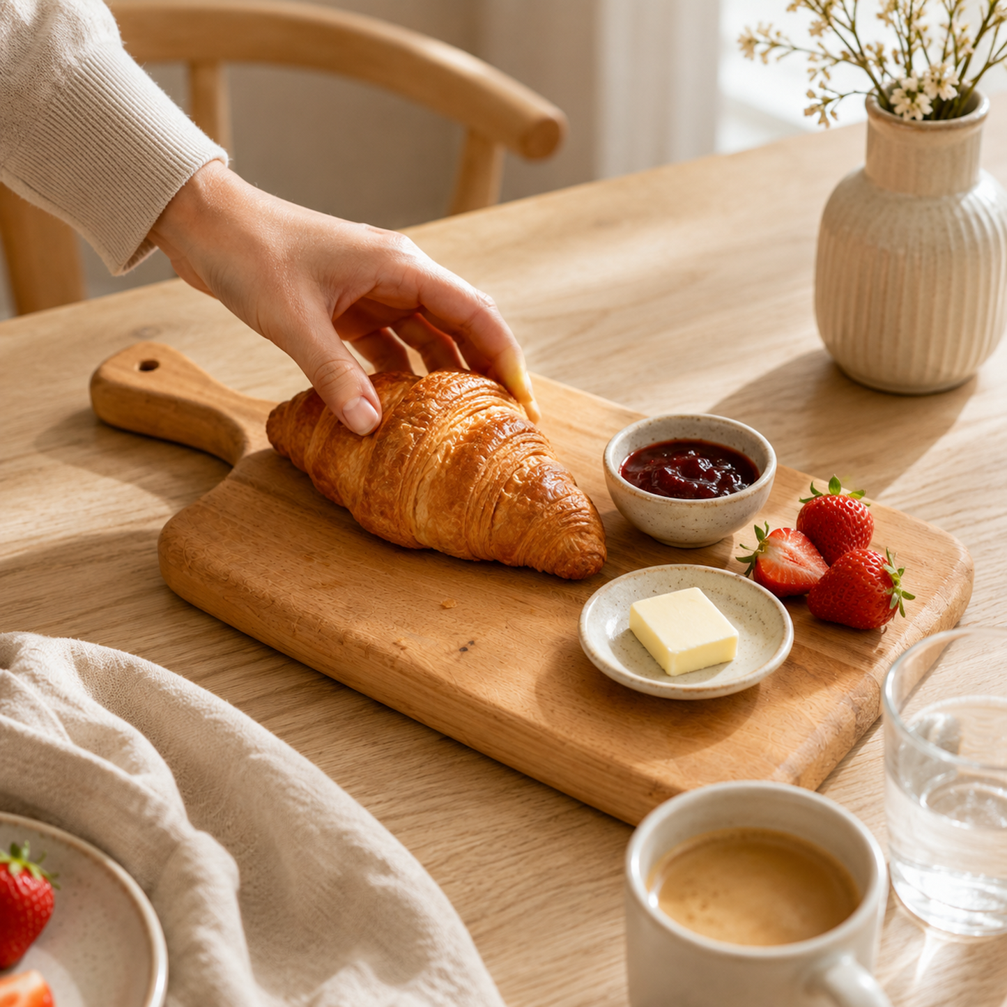 Servierbrett Buche Artisan aus Massivholz mit Croissant, Erdbeeren und Marmelade auf einem Frühstückstisch