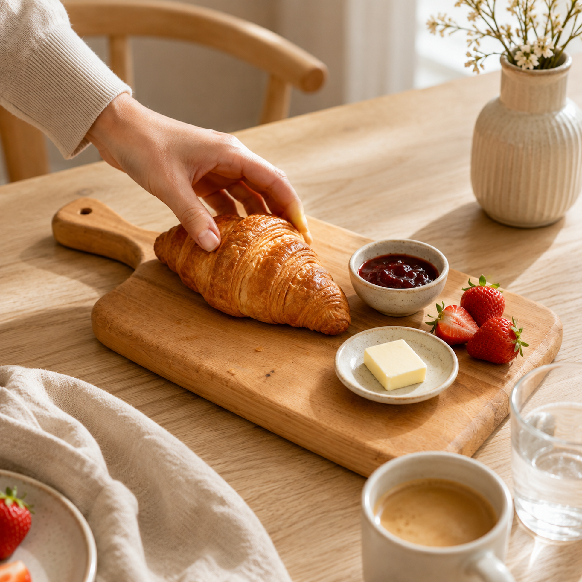 Servierbrett Buche Artisan aus Massivholz mit Croissant, Erdbeeren und Marmelade auf einem Frühstückstisch