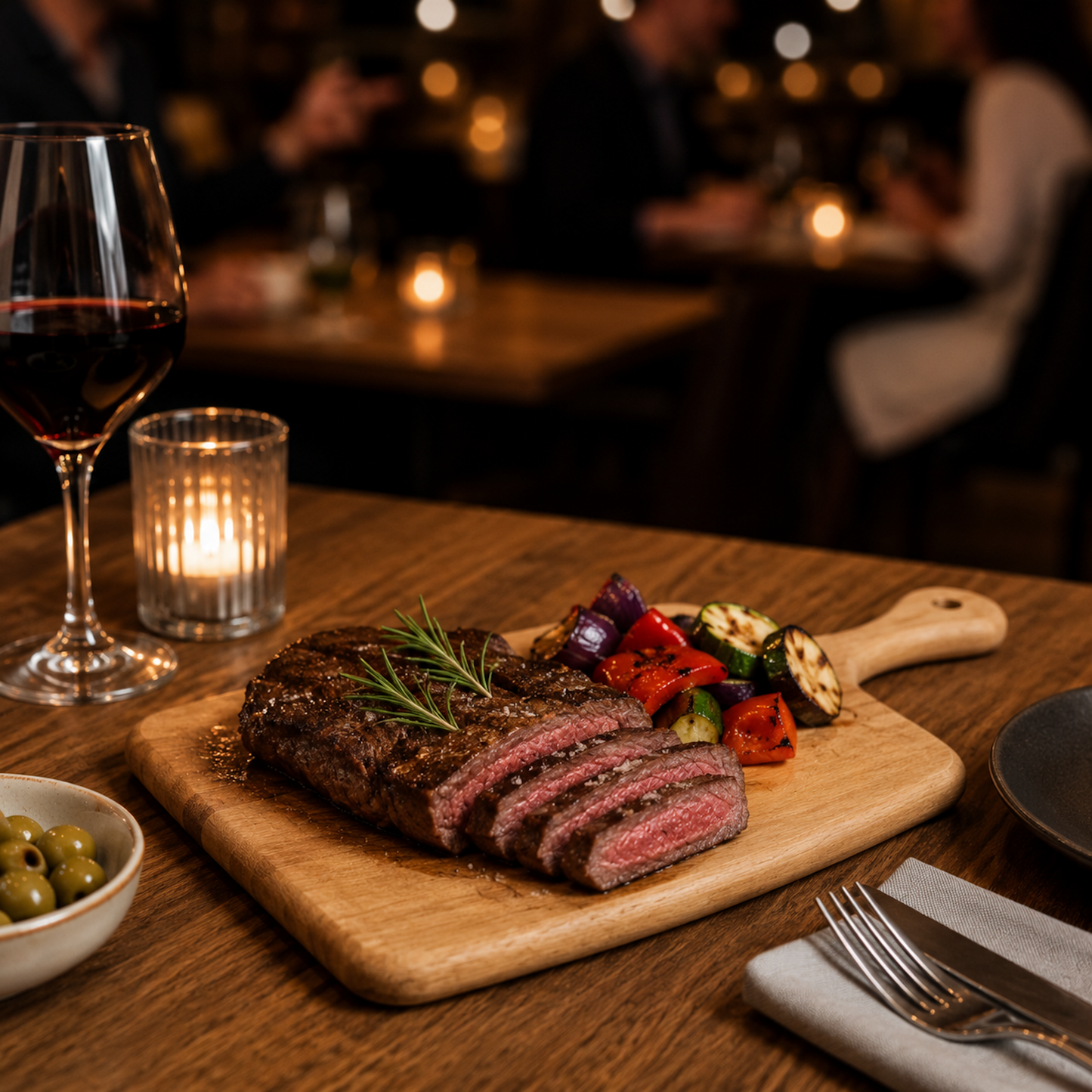 Handgefertigtes Servierbrett Buche Artisan aus massiver Buche zum Servieren von Steak und Gemüse