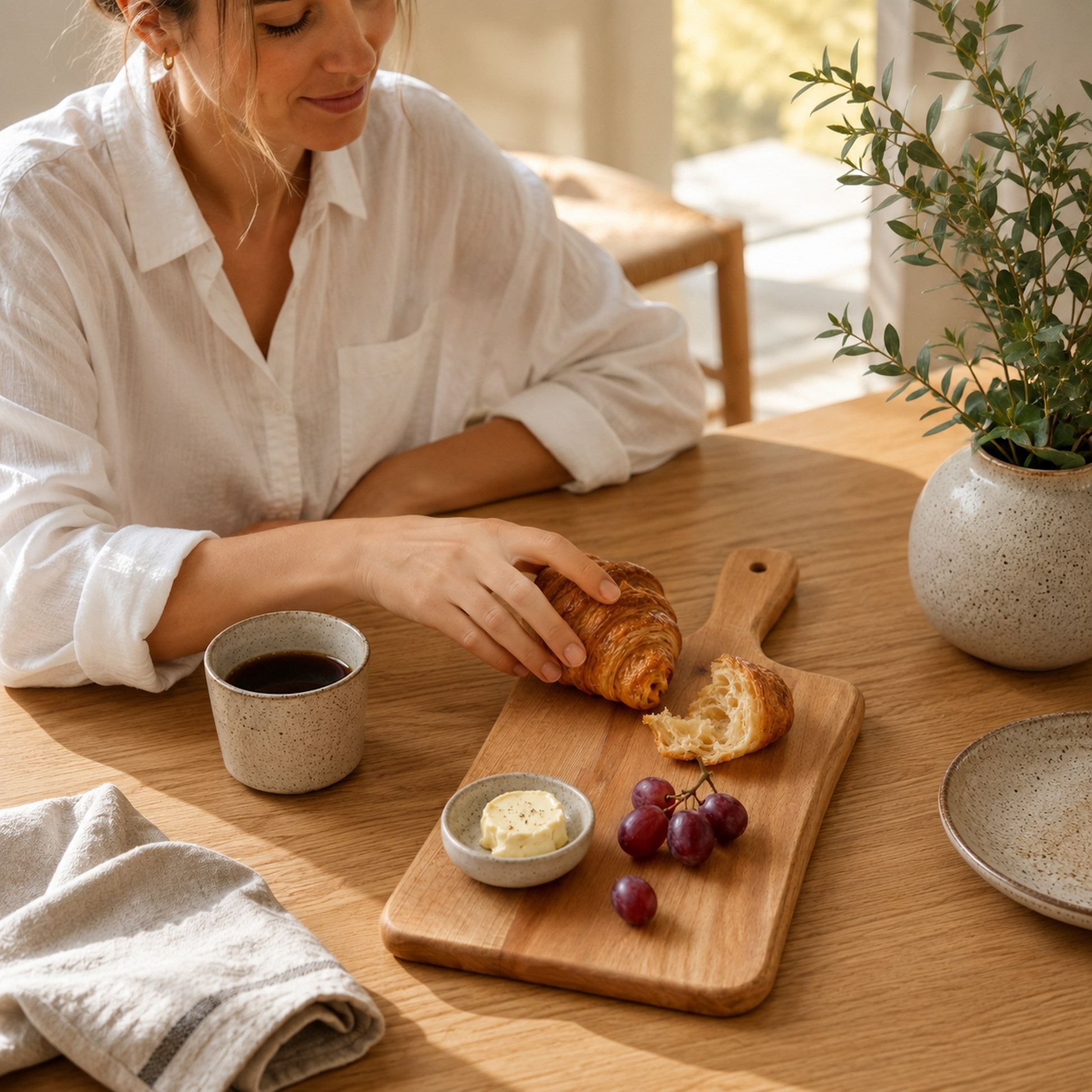 Servierbrett Buche Pure aus Massivholz mit Croissant, Trauben und Kaffee bei einem entspannten Frühstück
