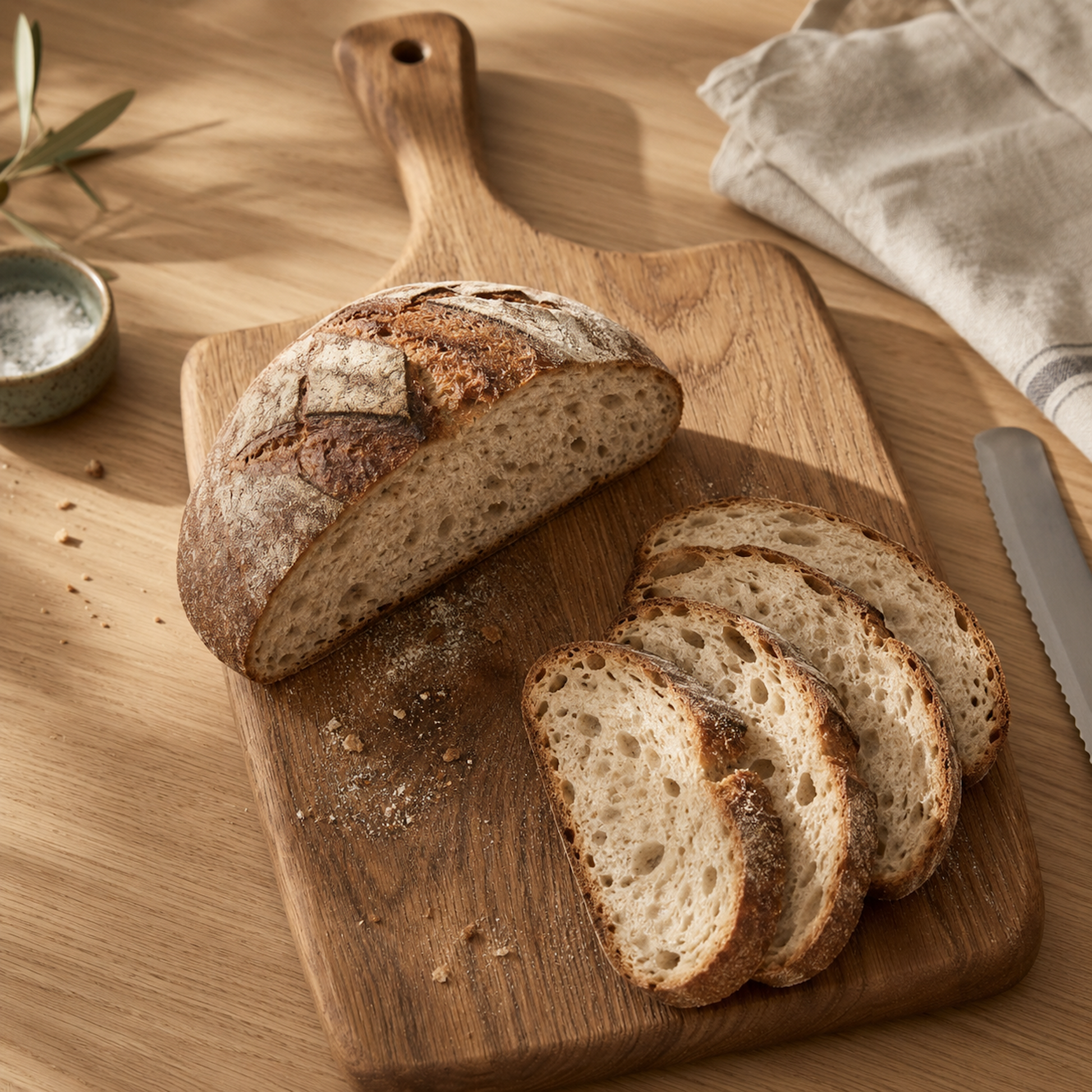 Handgefertigtes Servierbrett Eiche Artisan aus massiver Eiche mit Brot und Brotscheiben