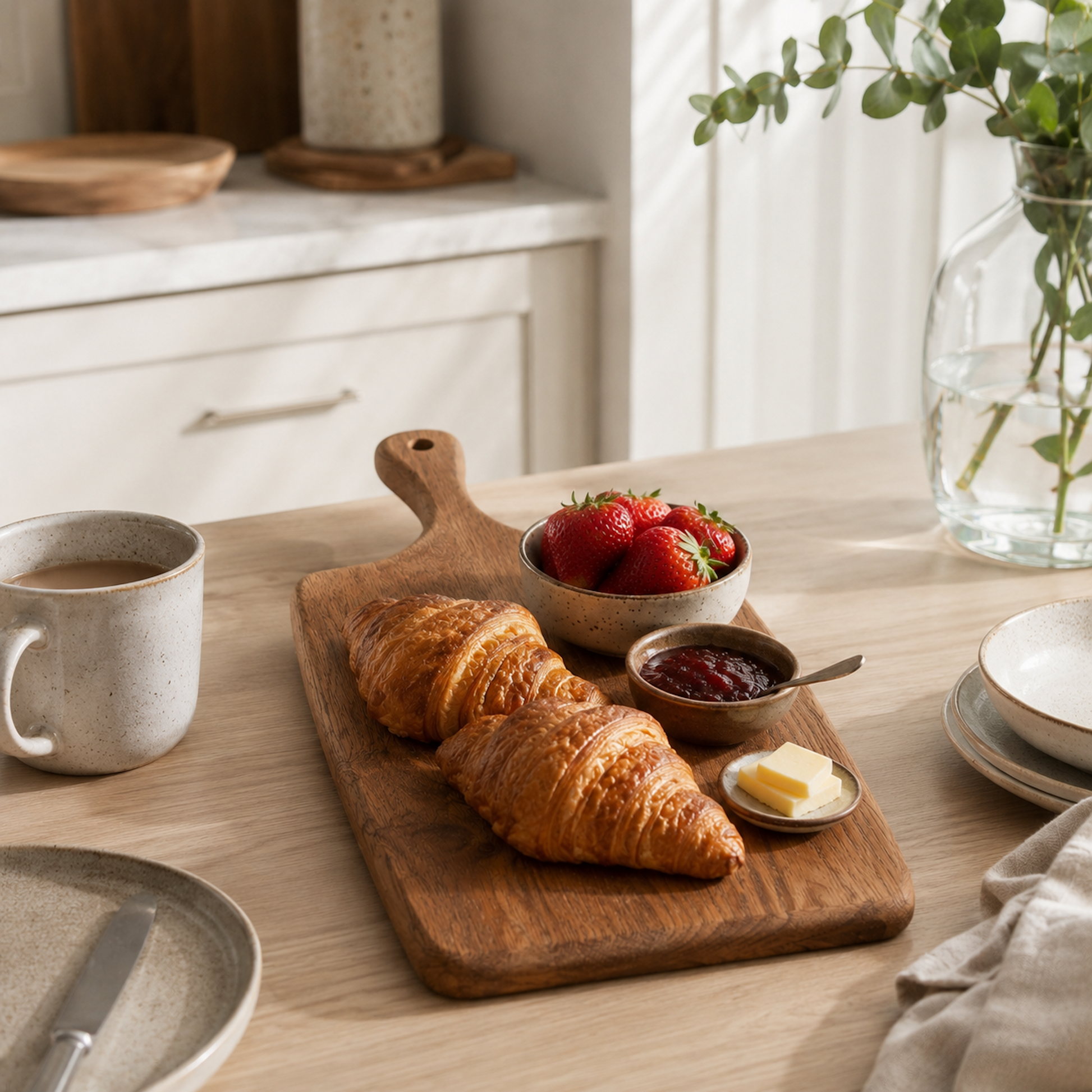 Servierbrett Eiche Artisan aus Massivholz mit Croissants, Erdbeeren und Marmelade auf einem Frühstückstisch