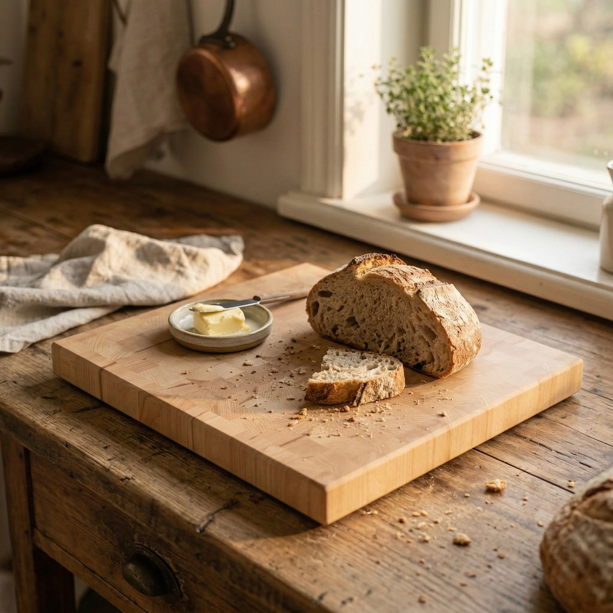 Stirnholz Schneidebrett aus Buche mit Brot und Butter auf rustikalem Holztisch in heller Küche
