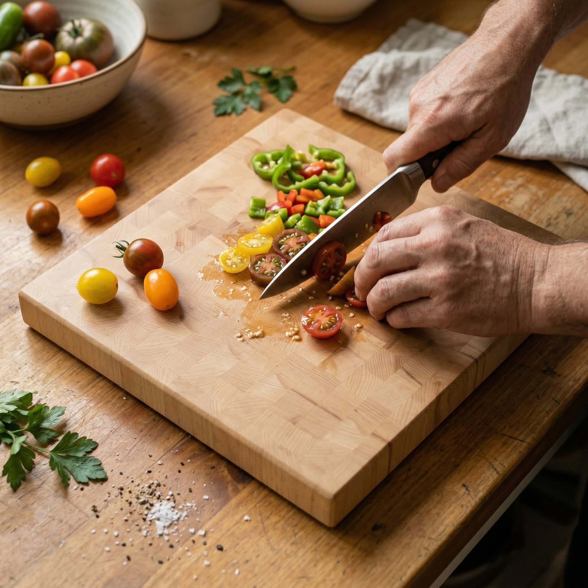 Stirnholz Schneidebrett aus Buche beim Schneiden von Gemüse in einer warmen, natürlichen Küchenszene