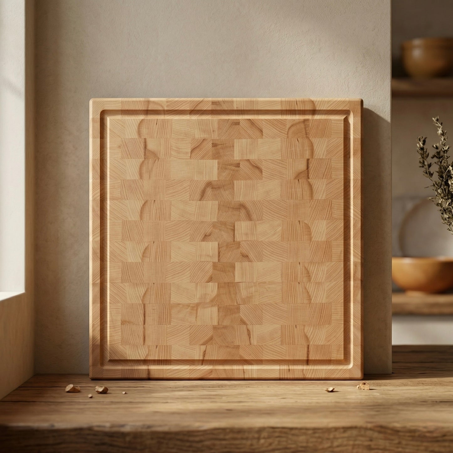 Stirnholz Schneidebrett aus Buche mit Saftrille frontal in heller, natürlicher Küchenszene