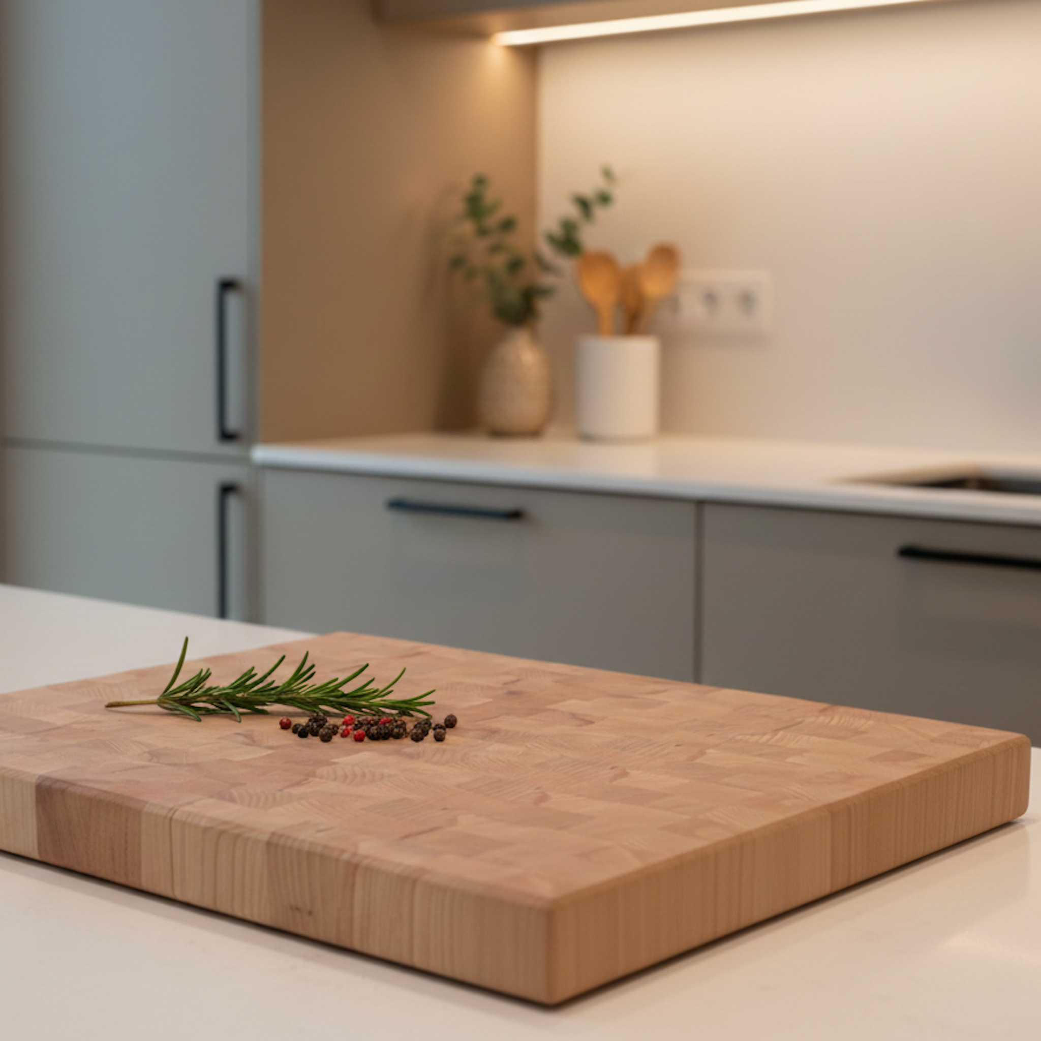 Stirnholz Schneidebrett aus Buche Massivholz auf heller Küchenarbeitsfläche, dekoriert mit Rosmarin und Pfeffer – handgefertigt von Holz Leidenschaft