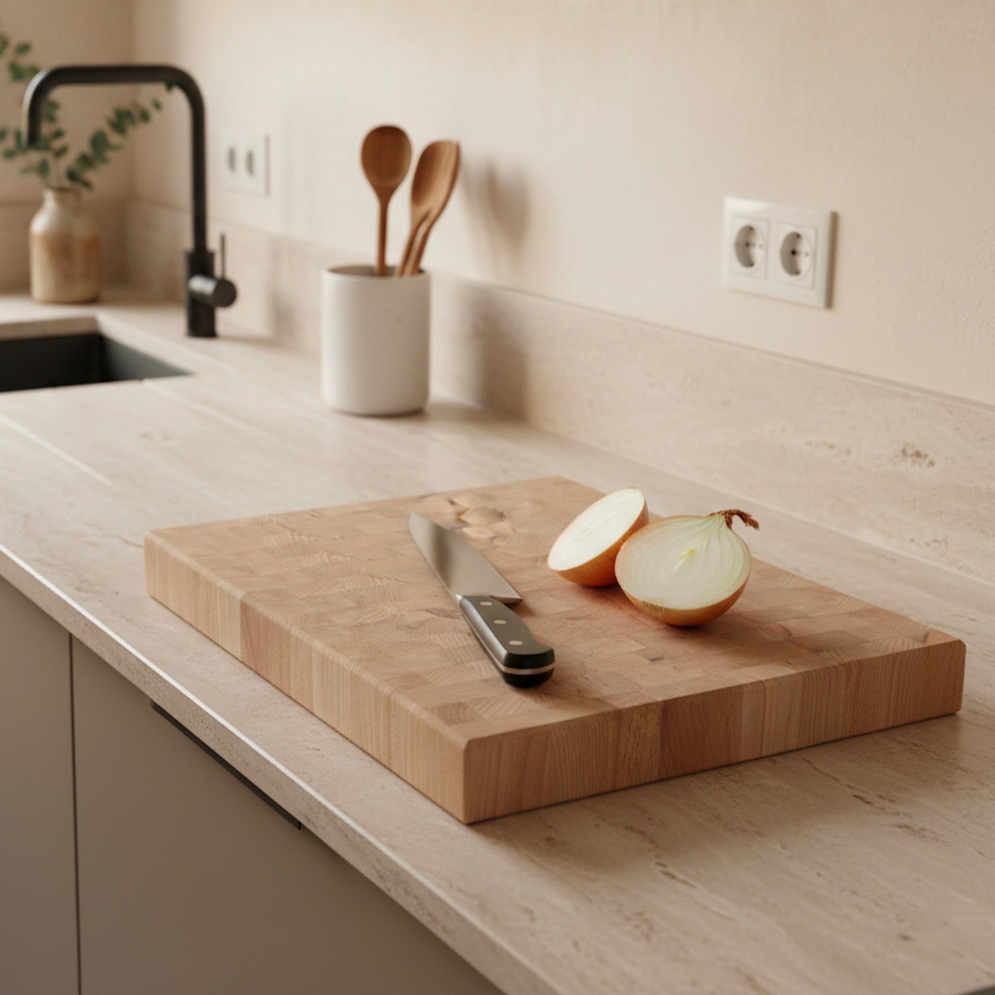 Stirnholz Schneidebrett aus Buche Massivholz mit Messer und Zwiebel in moderner Küche – handgefertigt von Holz Leidenschaft