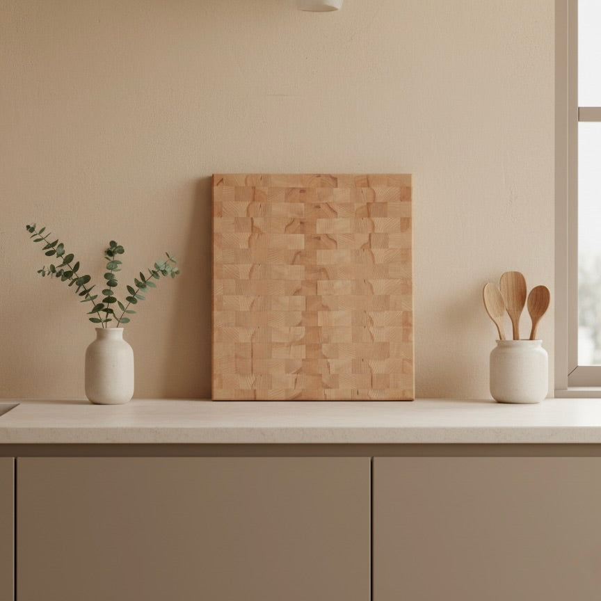Stirnholz Schneidebrett aus Buche Massivholz in minimalistischer Küche – handgefertigte Qualität von Holz Leidenschaft