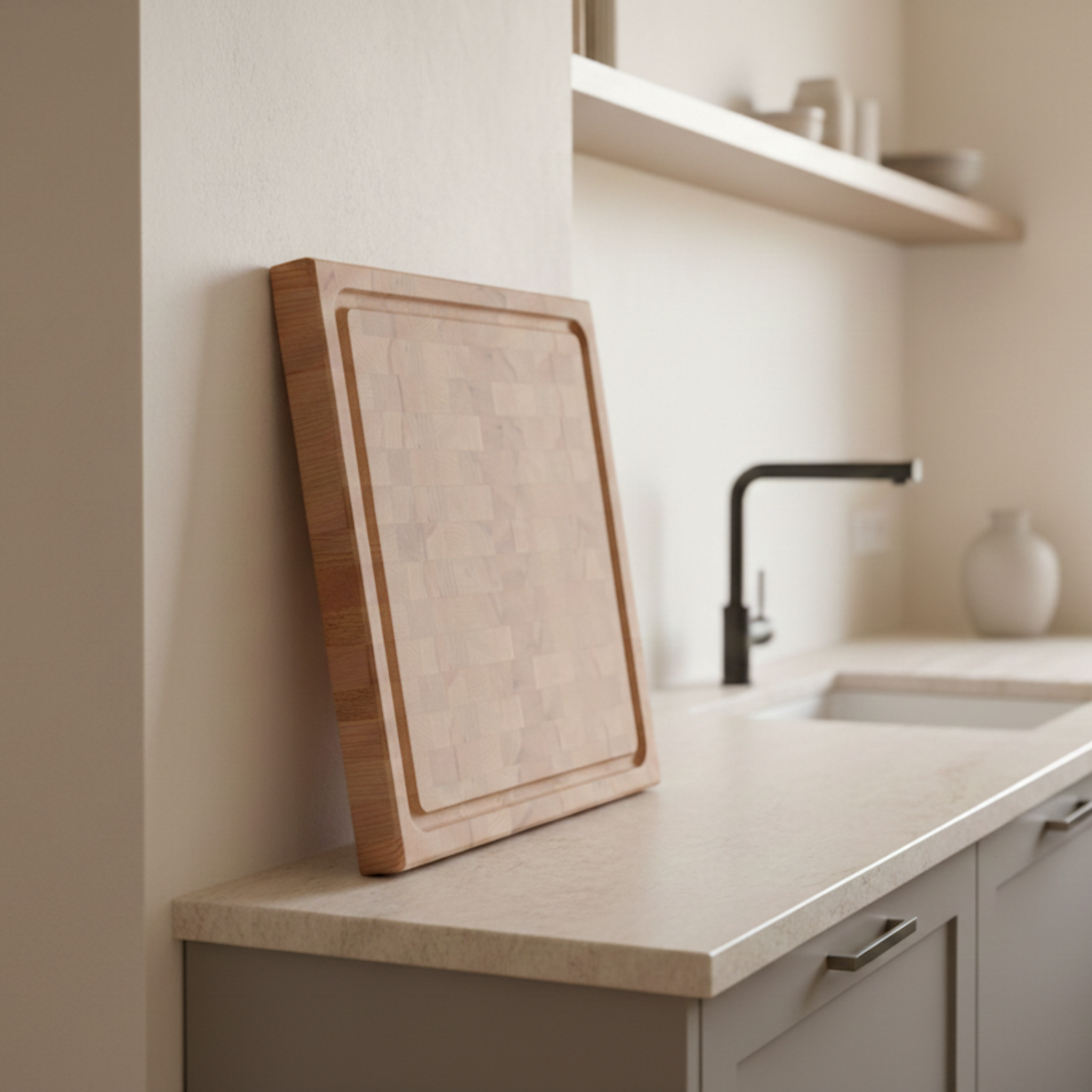 Stirnholz Schneidebrett aus Buche Massivholz mit Saftrille, an die Wand gelehnt auf heller Küchenarbeitsplatte – handgefertigt von Holz Leidenschaft